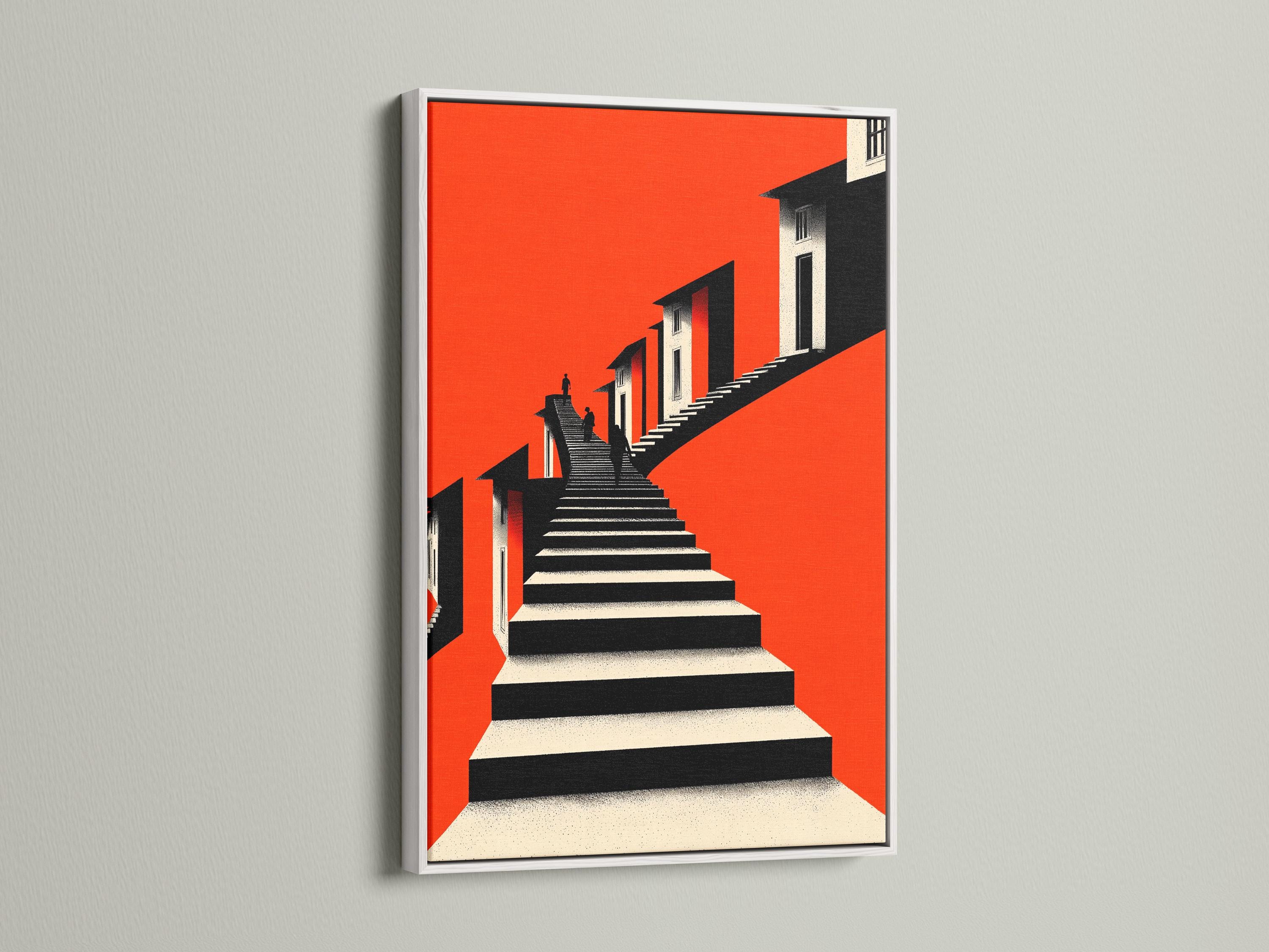Room mockup showing a red and black geometric staircase artwork with inset views