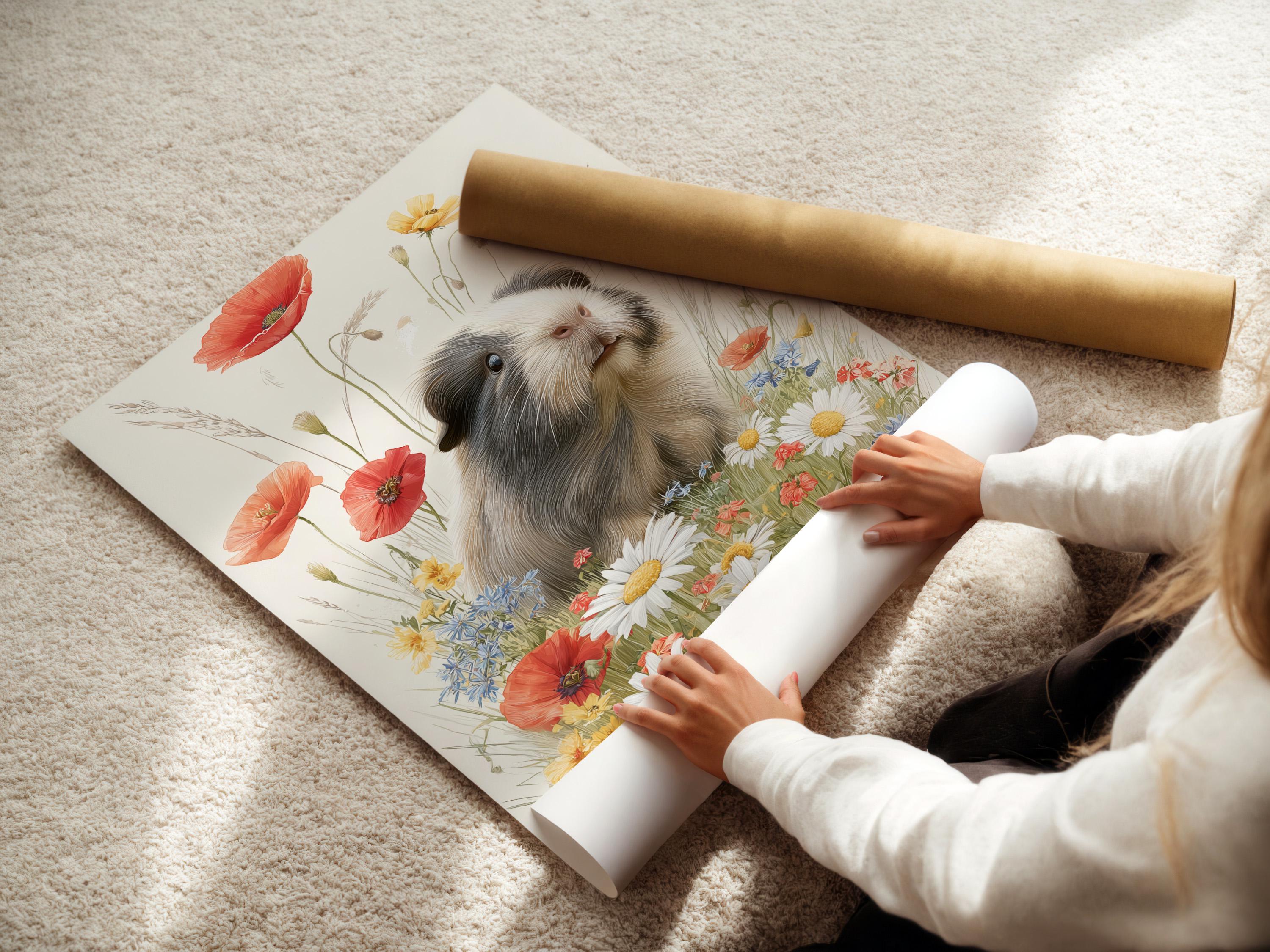 Guinea pig resting in a wildflower meadow with daisies, poppies and blue flowers detail view