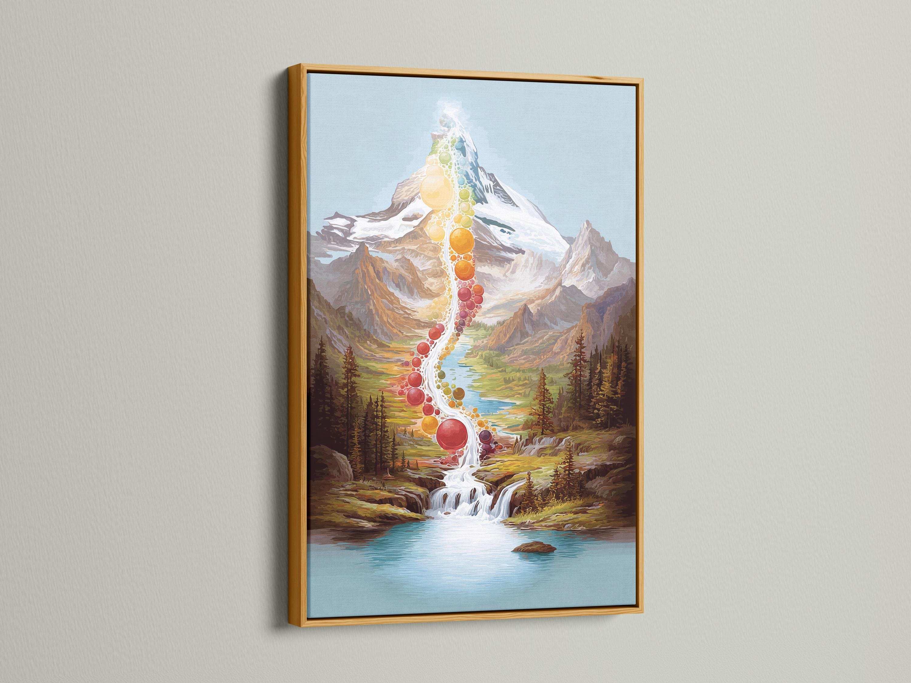 Room mockup showing a framed rainbow mountain waterfall artwork on a wall
