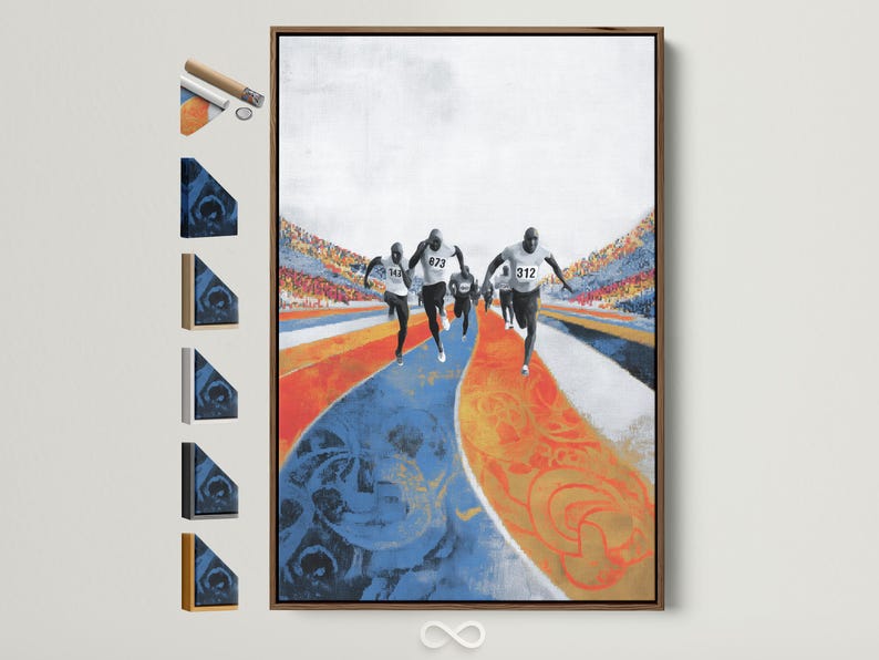 Runners sprinting down a blue and orange track with numbered bibs