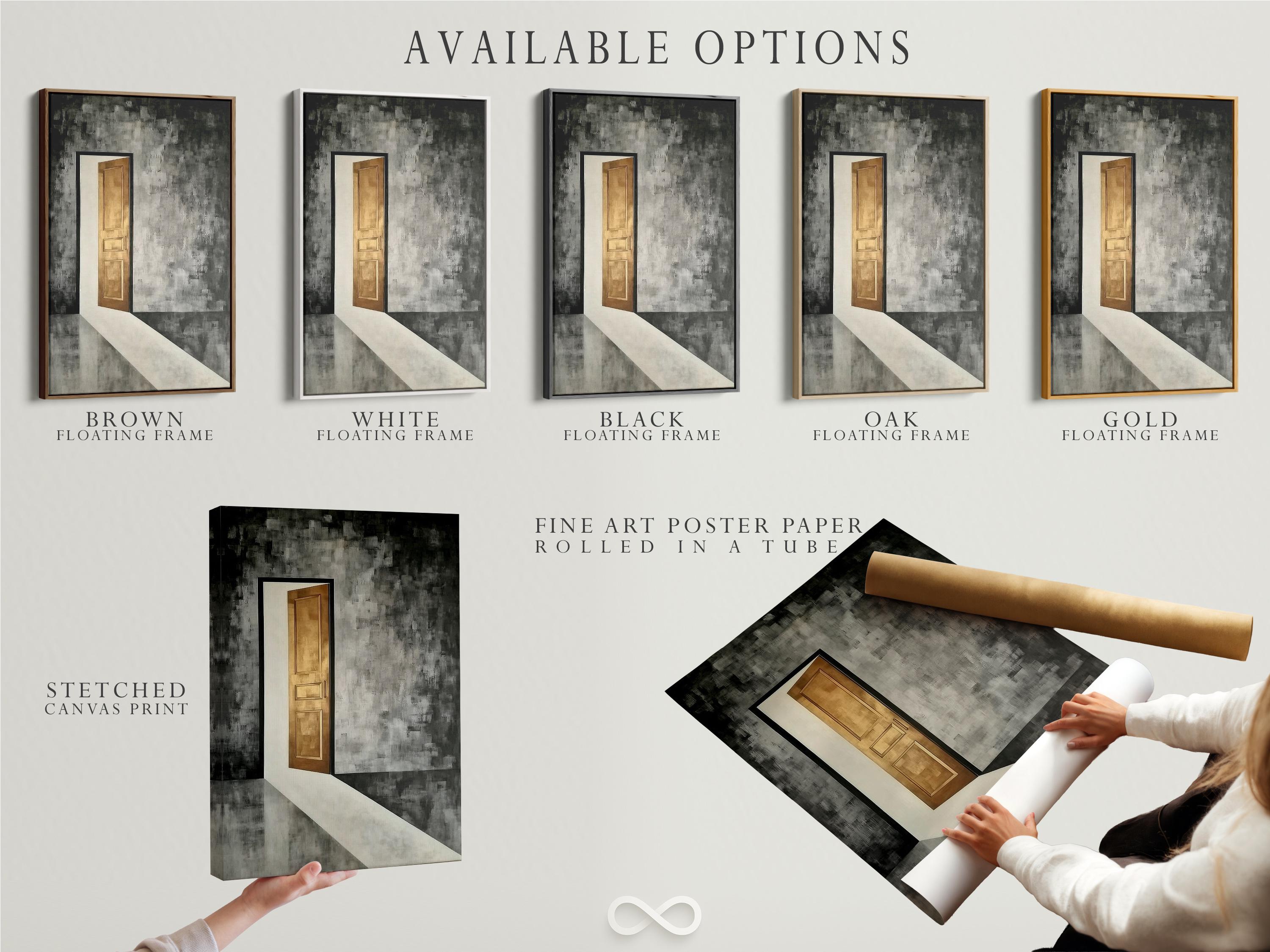 Abstract doorway with warm gold glow in a textured charcoal and grey corridor scene detail view