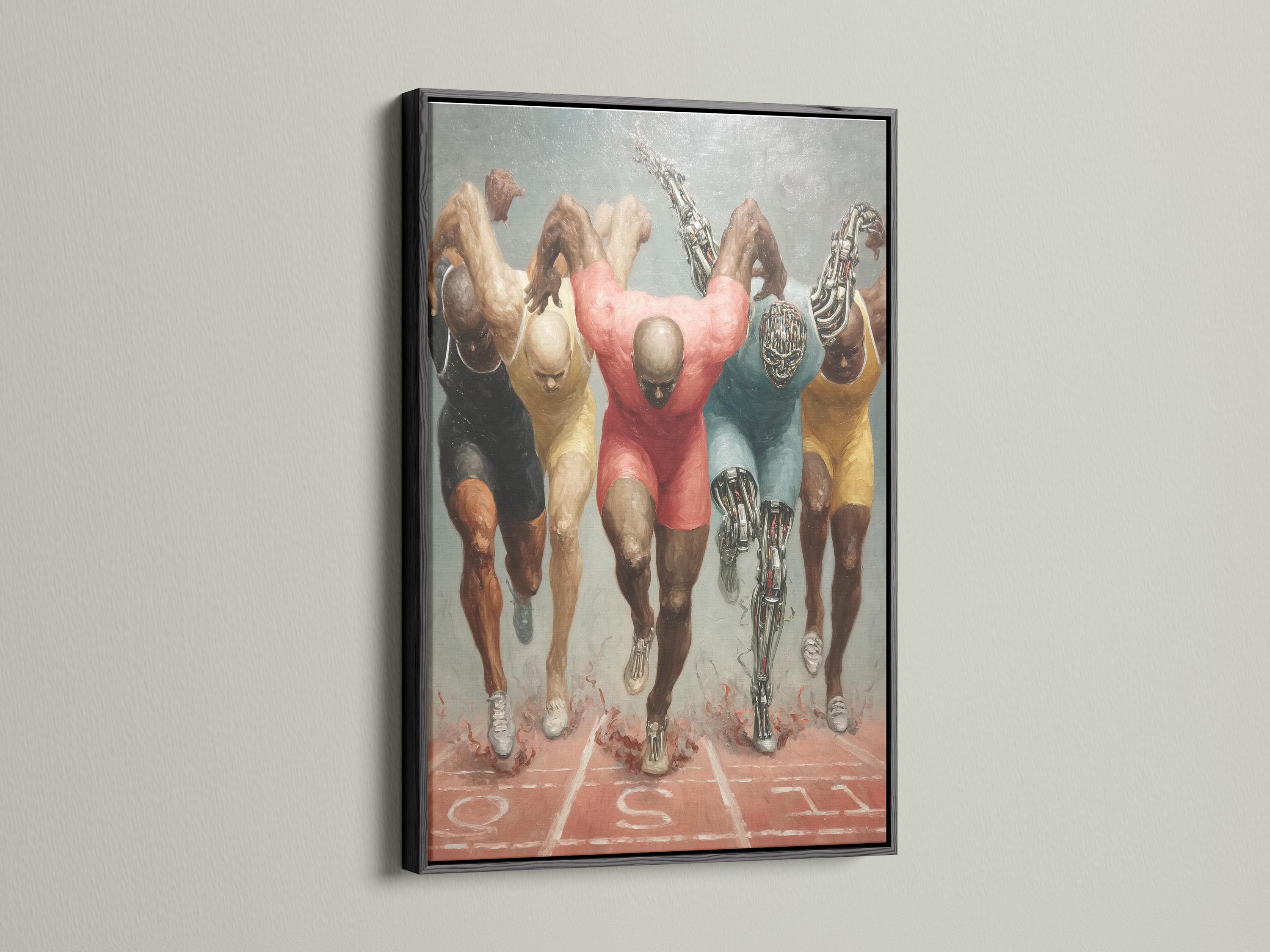 Painterly running cyborg runners with chrome robotic legs on a track-like ground detail view