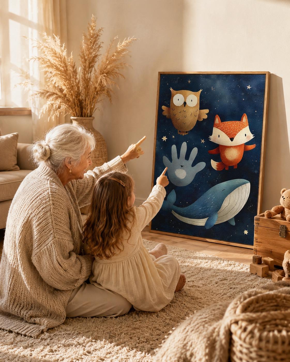 Illustrated whale, fox and owl in a navy starry-night scene with stars detail view
