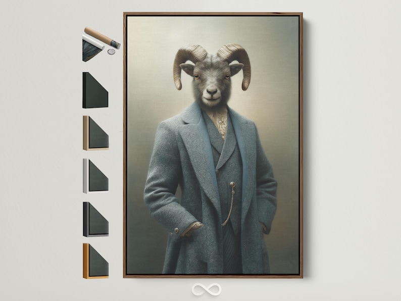 Ram-headed gentleman portrait wearing a teal suit jacket against a muted grey background