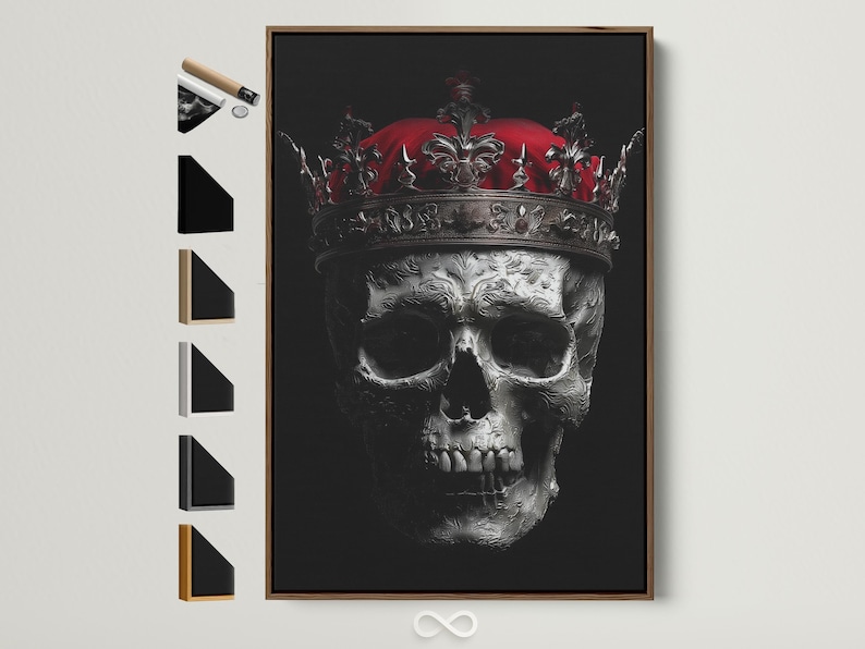 Gothic skull portrait with a spiked crown and a red moon circle