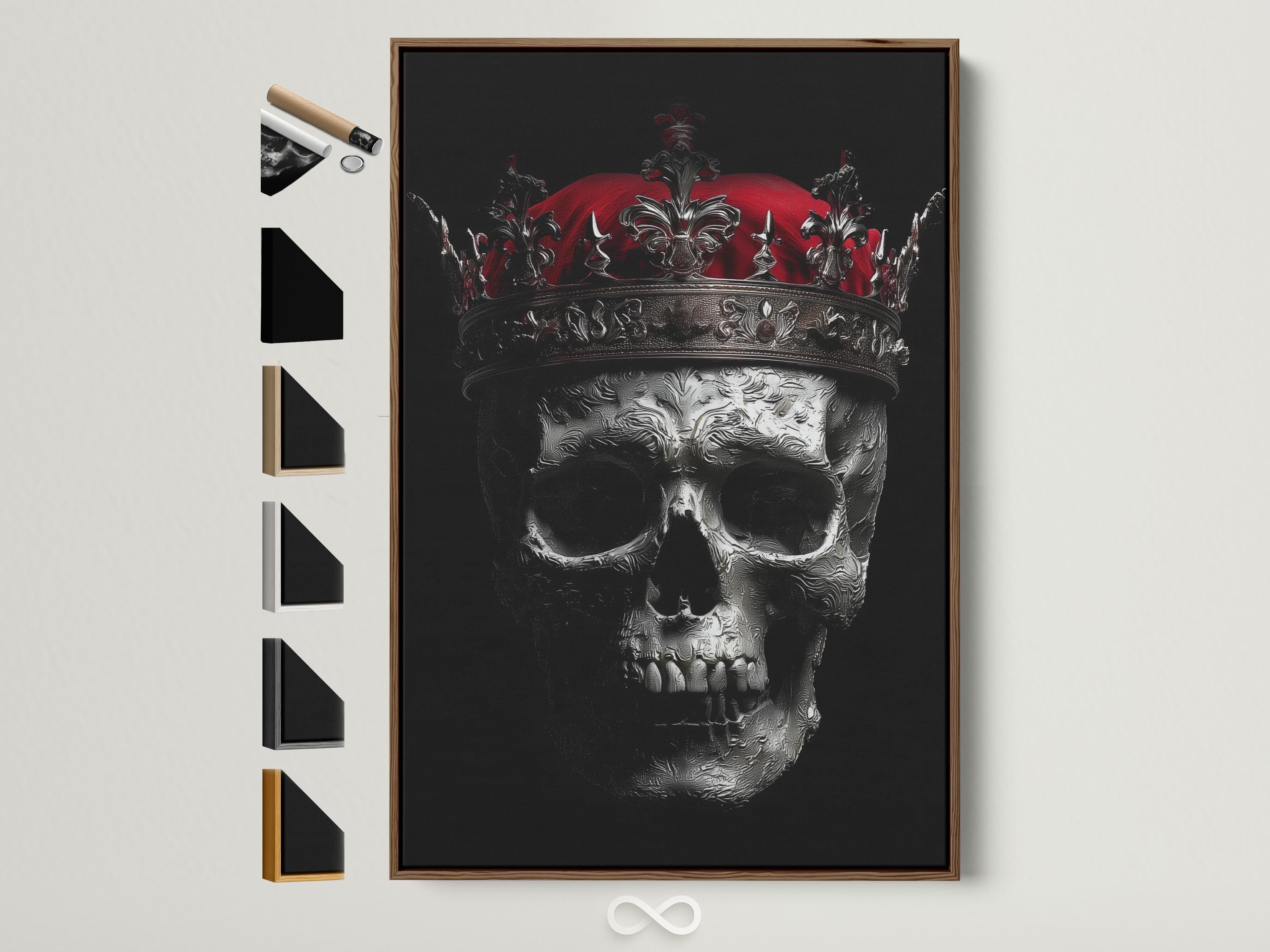 Gothic skull portrait with a spiked crown and a red moon circle