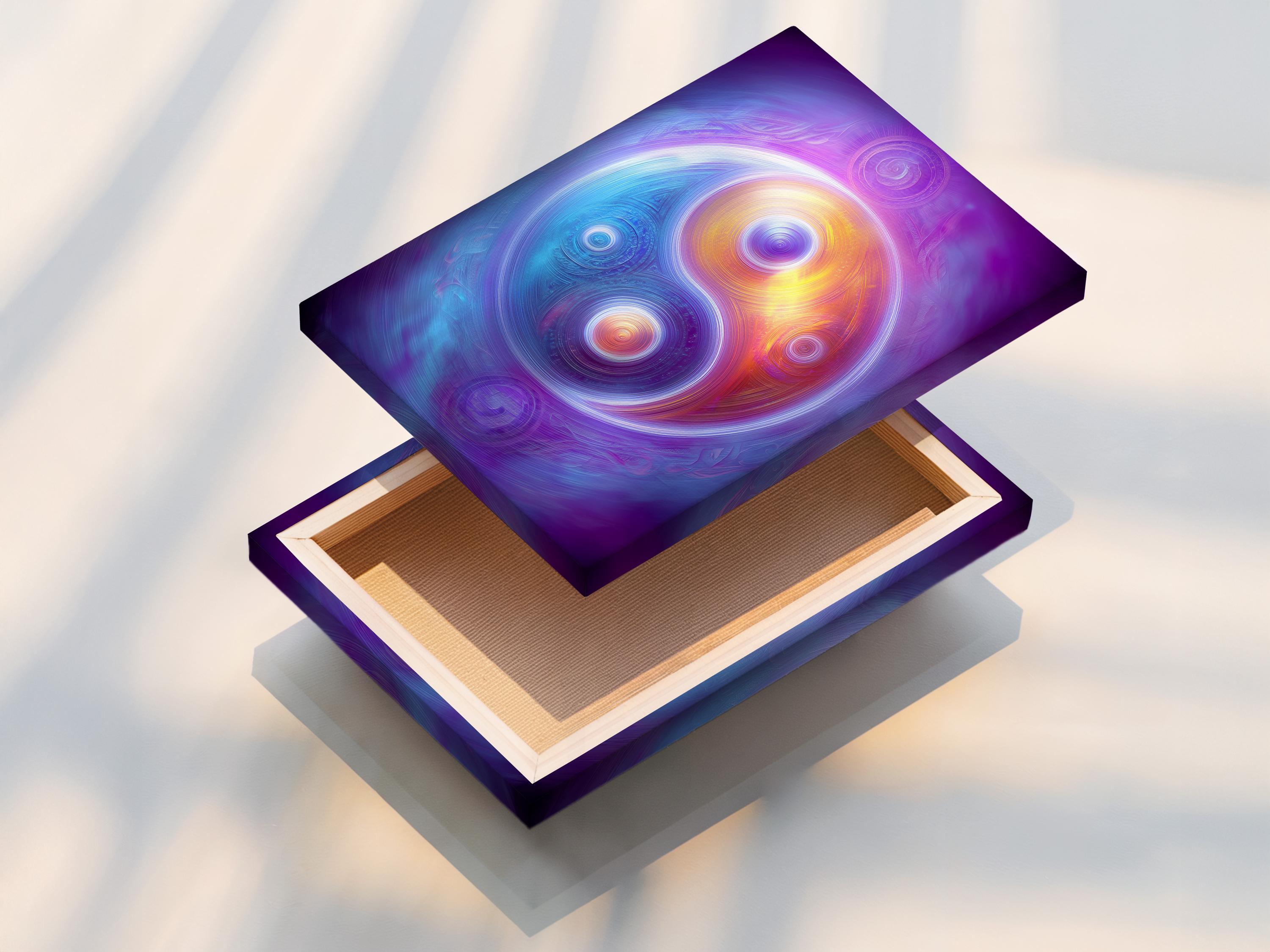 A cosmic purple artwork shows swirling concentric circles and two yin-yang style orbs with rainbow-like colour bands detail view