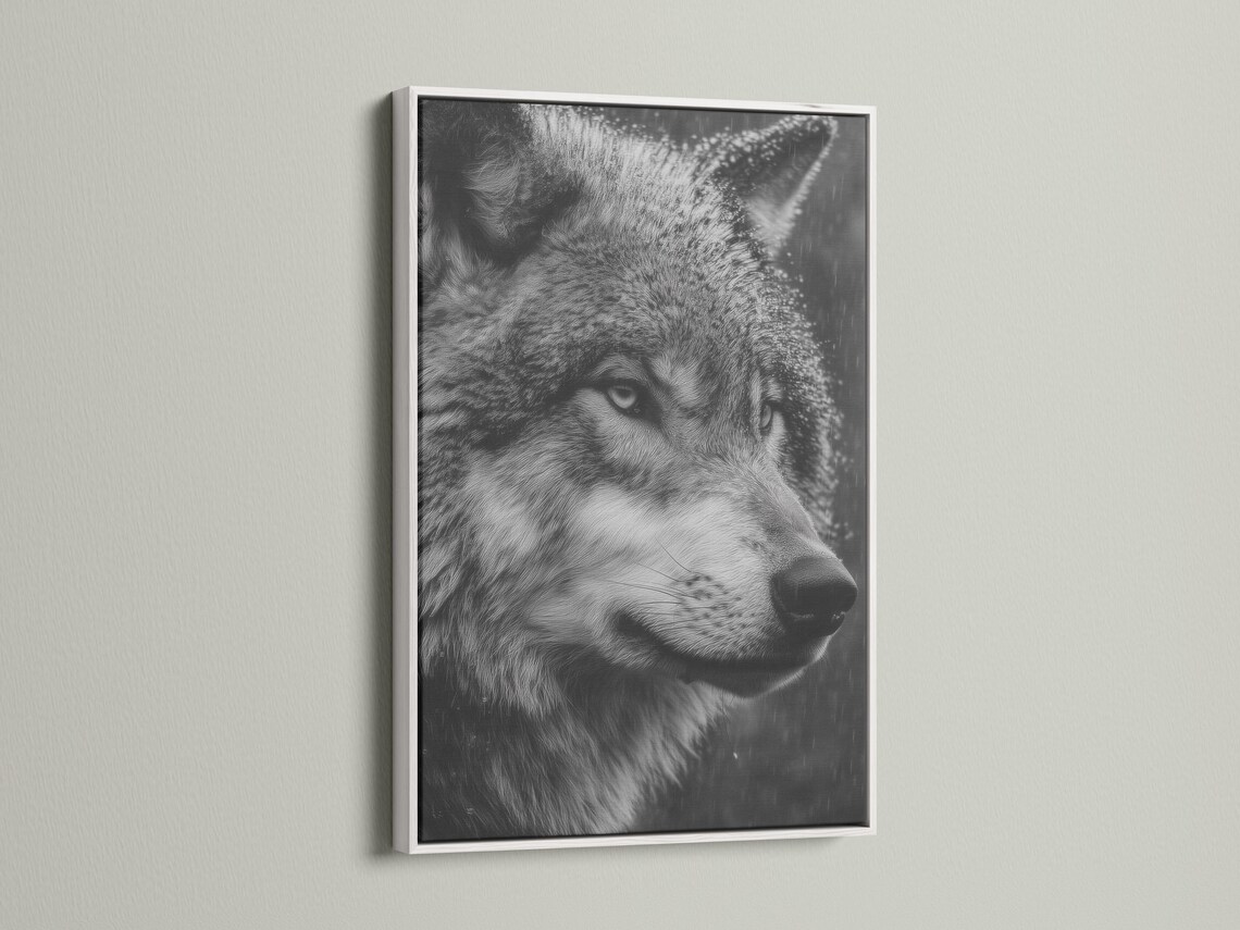 Monochrome wolf portrait artwork with detailed grayscale fur and a dark smoky background detail view