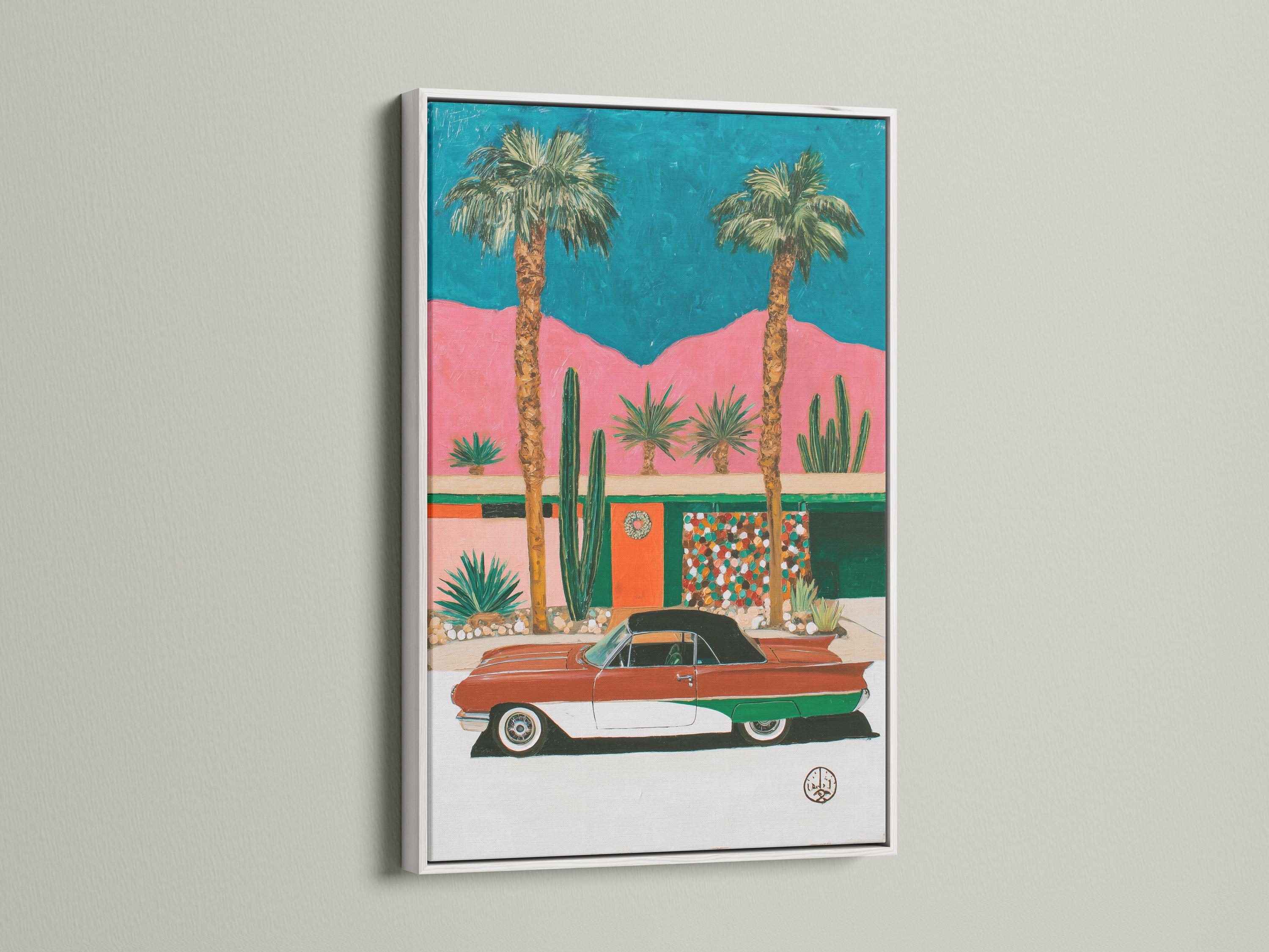 Retro car in a desert scene with palm trees, cacti, and teal and pink background detail view
