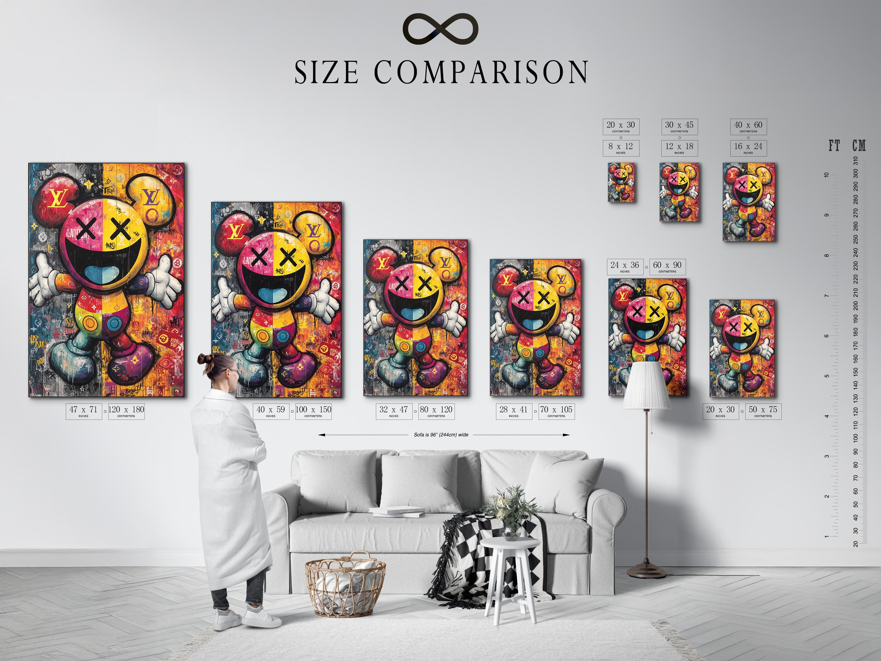Colourful pop-art Mickey character portrait with thick black outlines and graffiti collage background detail view