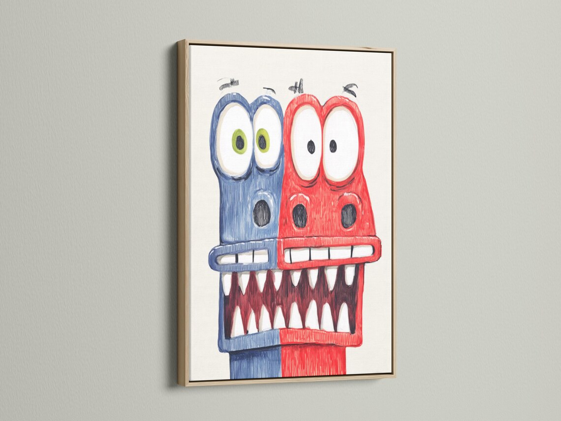 Red and blue cartoon monster with big eyes and a toothy grin on a pale background detail view