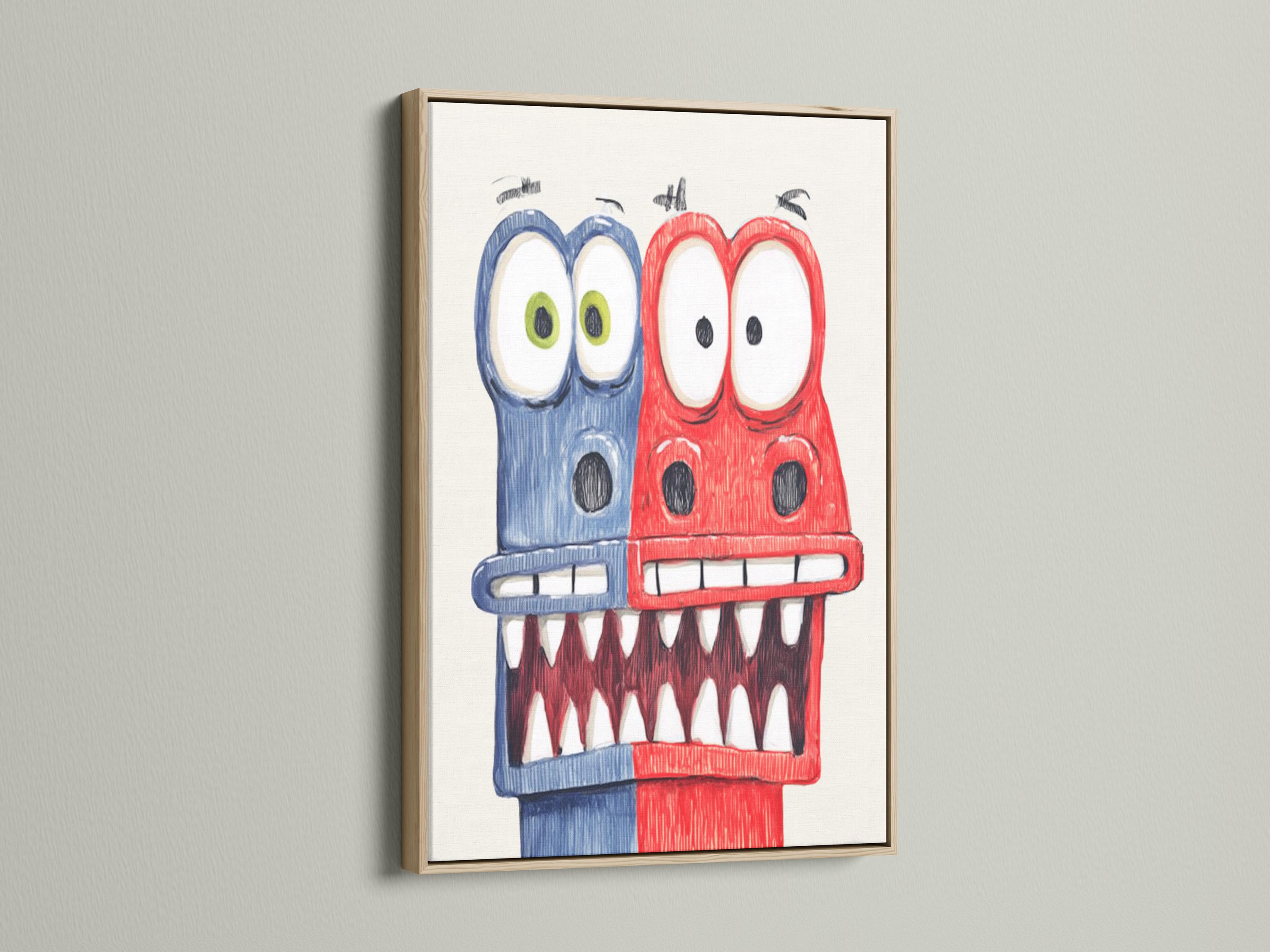 Red and blue cartoon monster with big eyes and a toothy grin on a pale background detail view