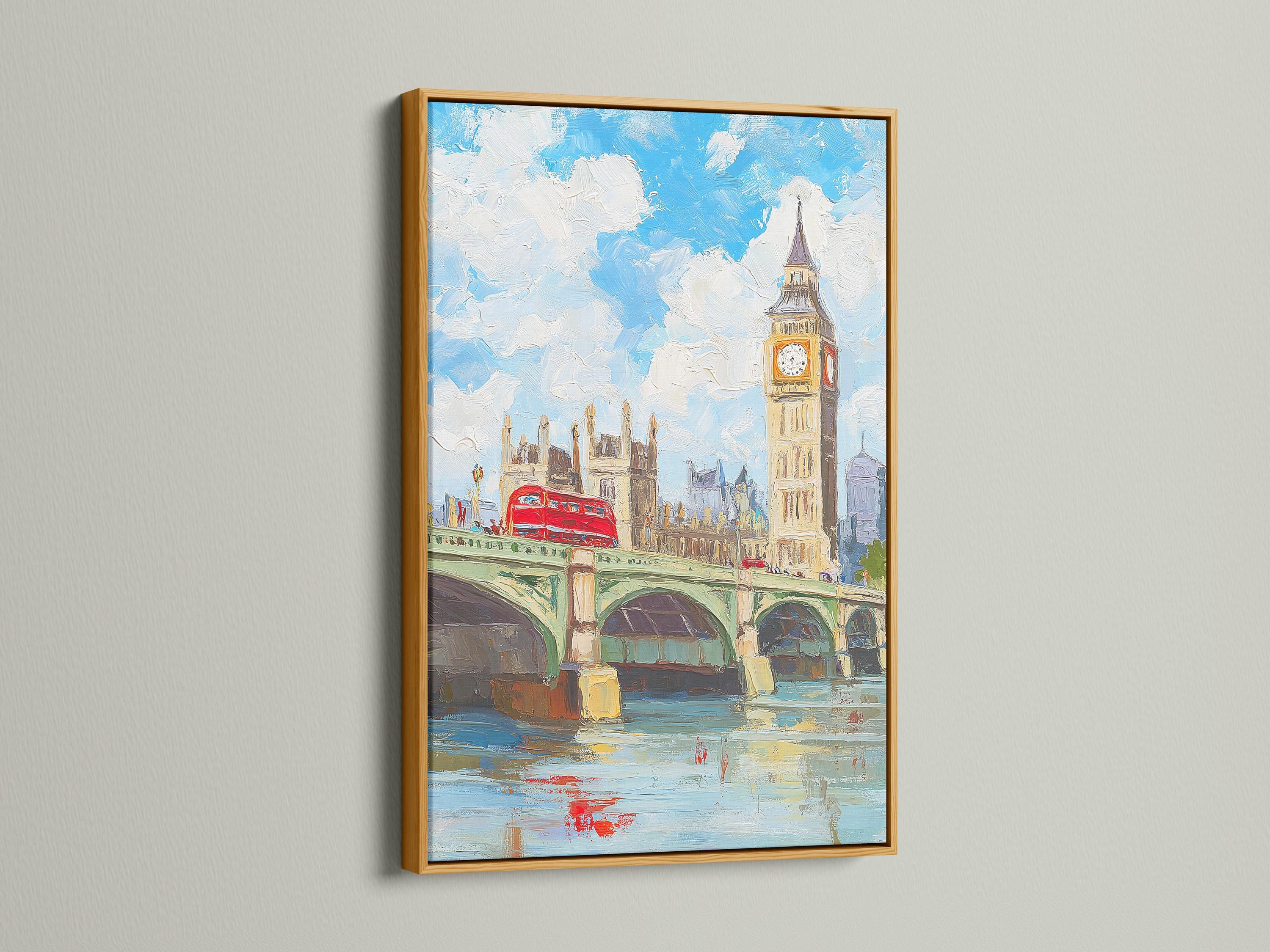 Room mockup with a framed blue cityscape artwork above a wooden sideboard and dining table