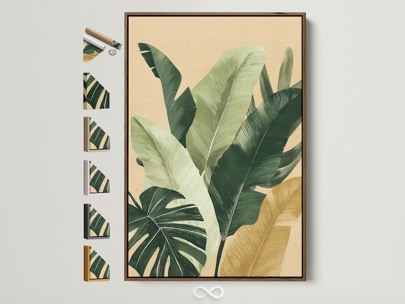 Botanical artwork of layered tropical leaves on a beige background in green and muted yellow tones