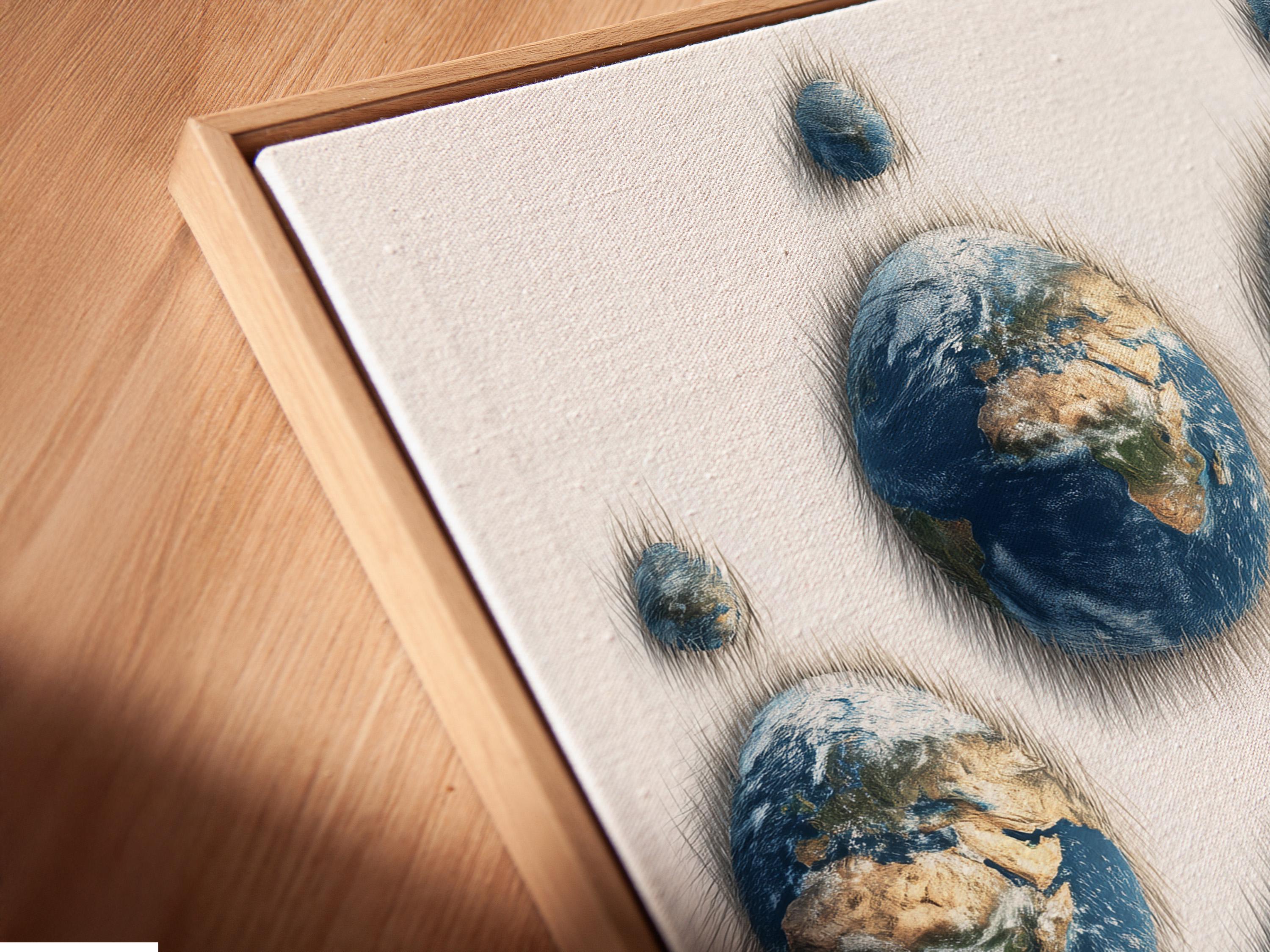 Globe Earth paw print with deep blue oceans and green and beige landmasses on a light background detail view