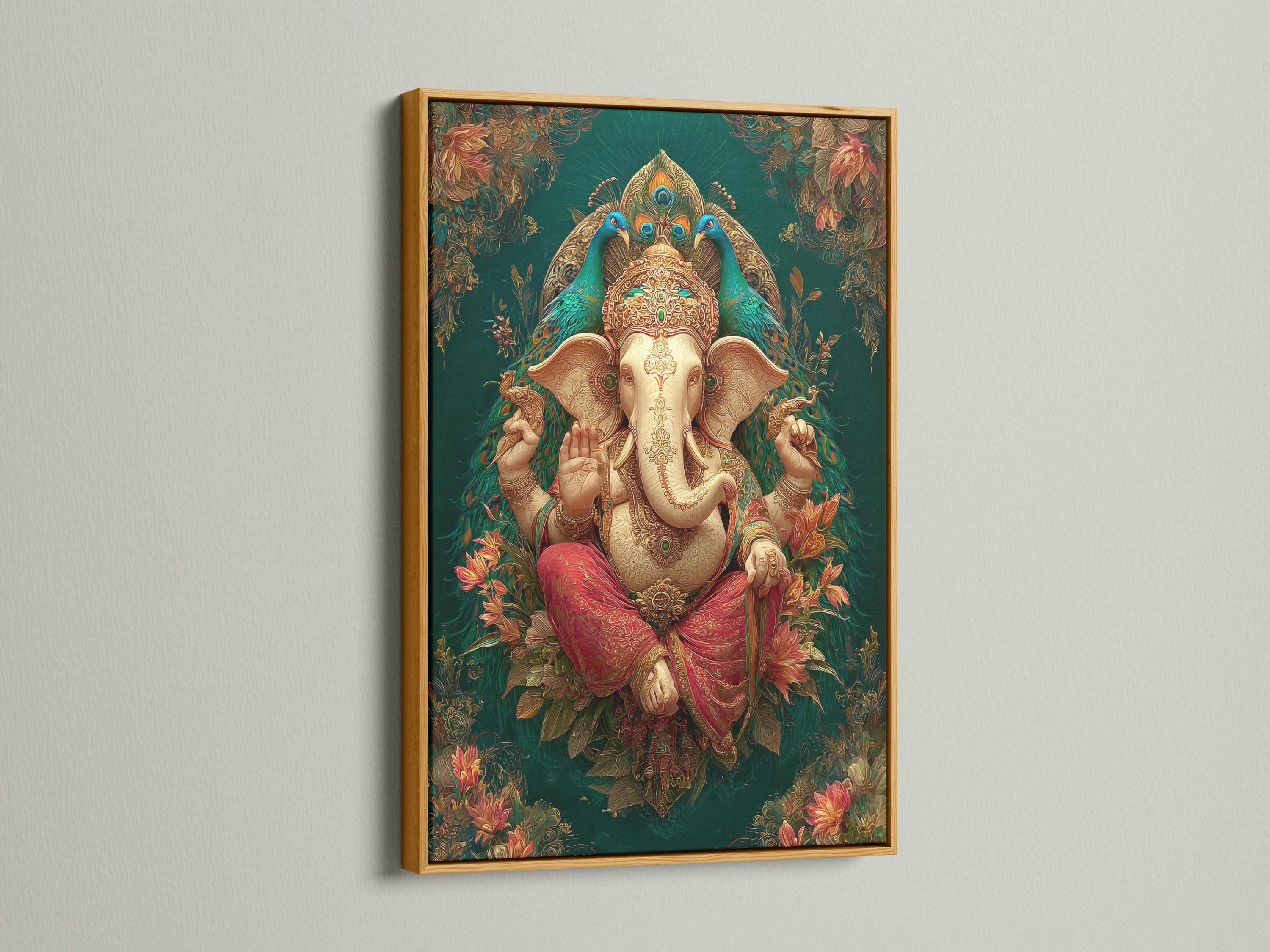 A richly coloured elephant-headed deity figure sits front-facing, surrounded by ornate floral vines on a deep green patterned background detail view