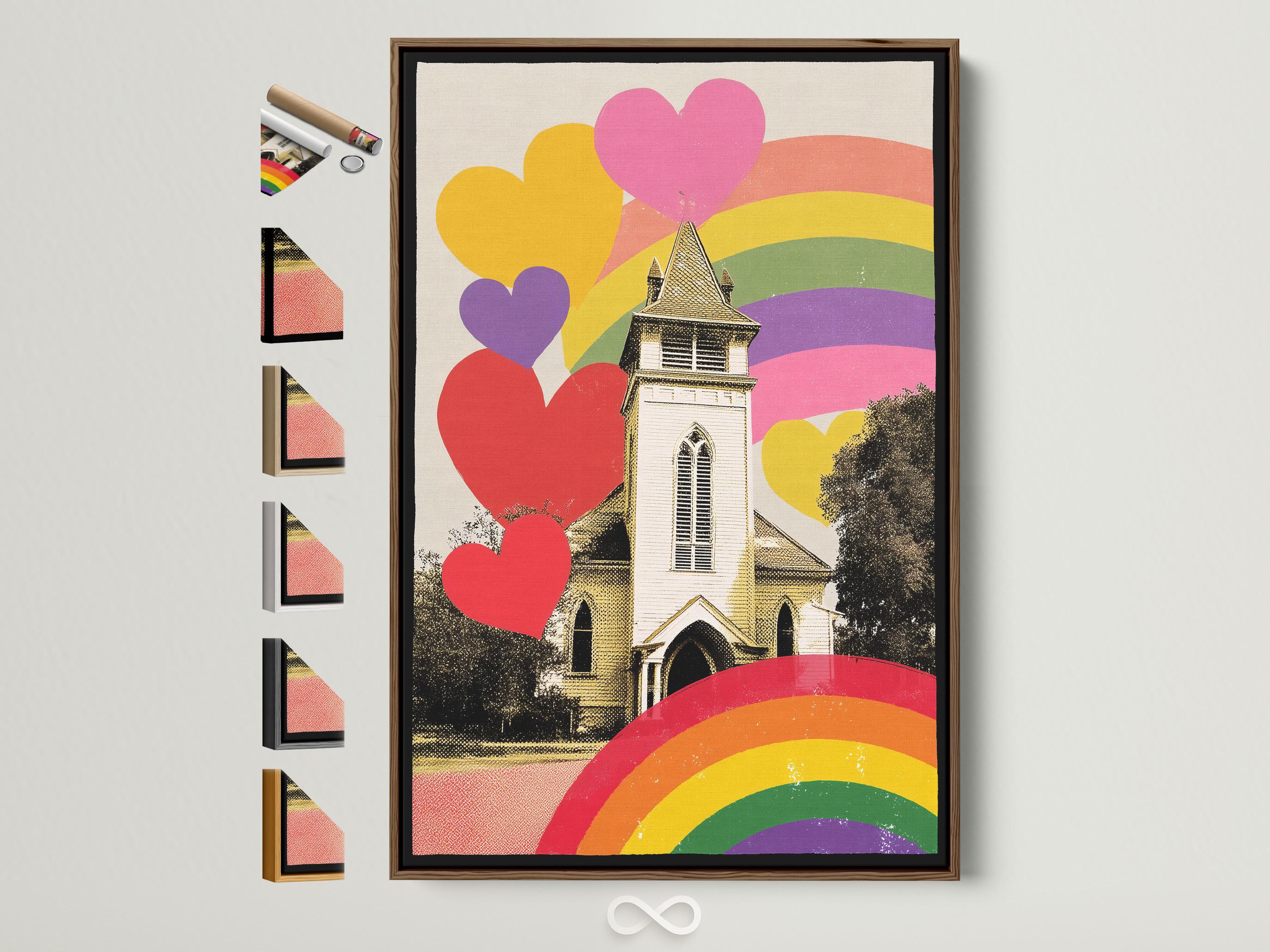 A person holding a mug sitting in a bedroom with a framed rainbow hearts church artwork on the wall