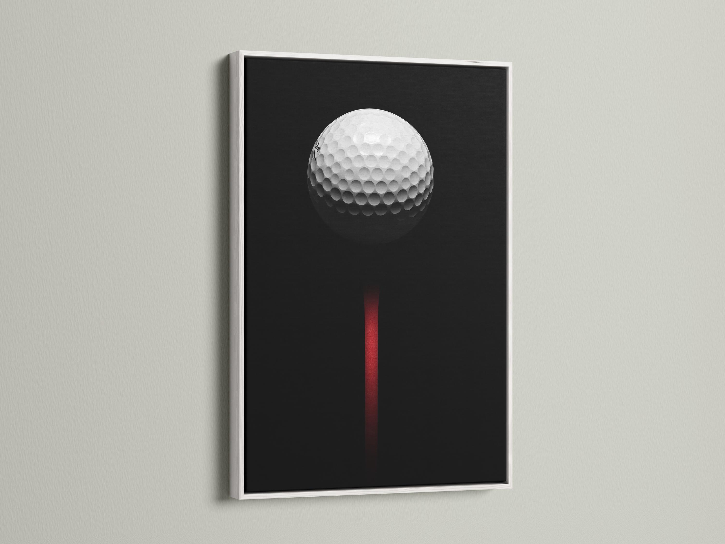 Minimalist golf ball design on a black background with a vivid red vertical accent detail view