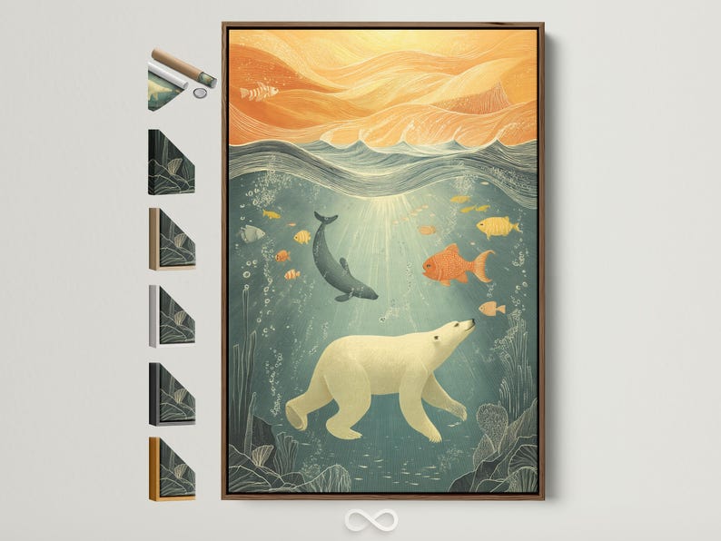 Underwater scene with a polar bear, fish and a whale in seafoam teal and warm gold waves