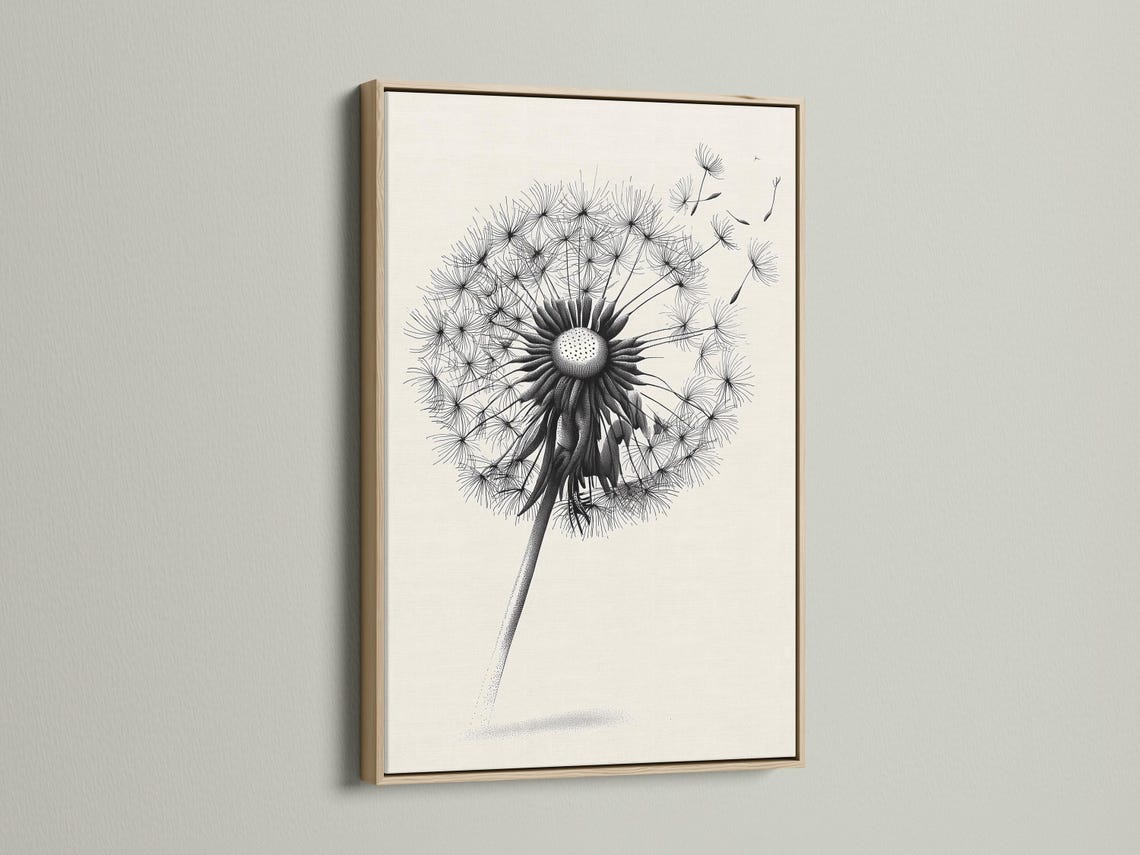 Minimalist black and white dandelion line illustration on a light background detail view