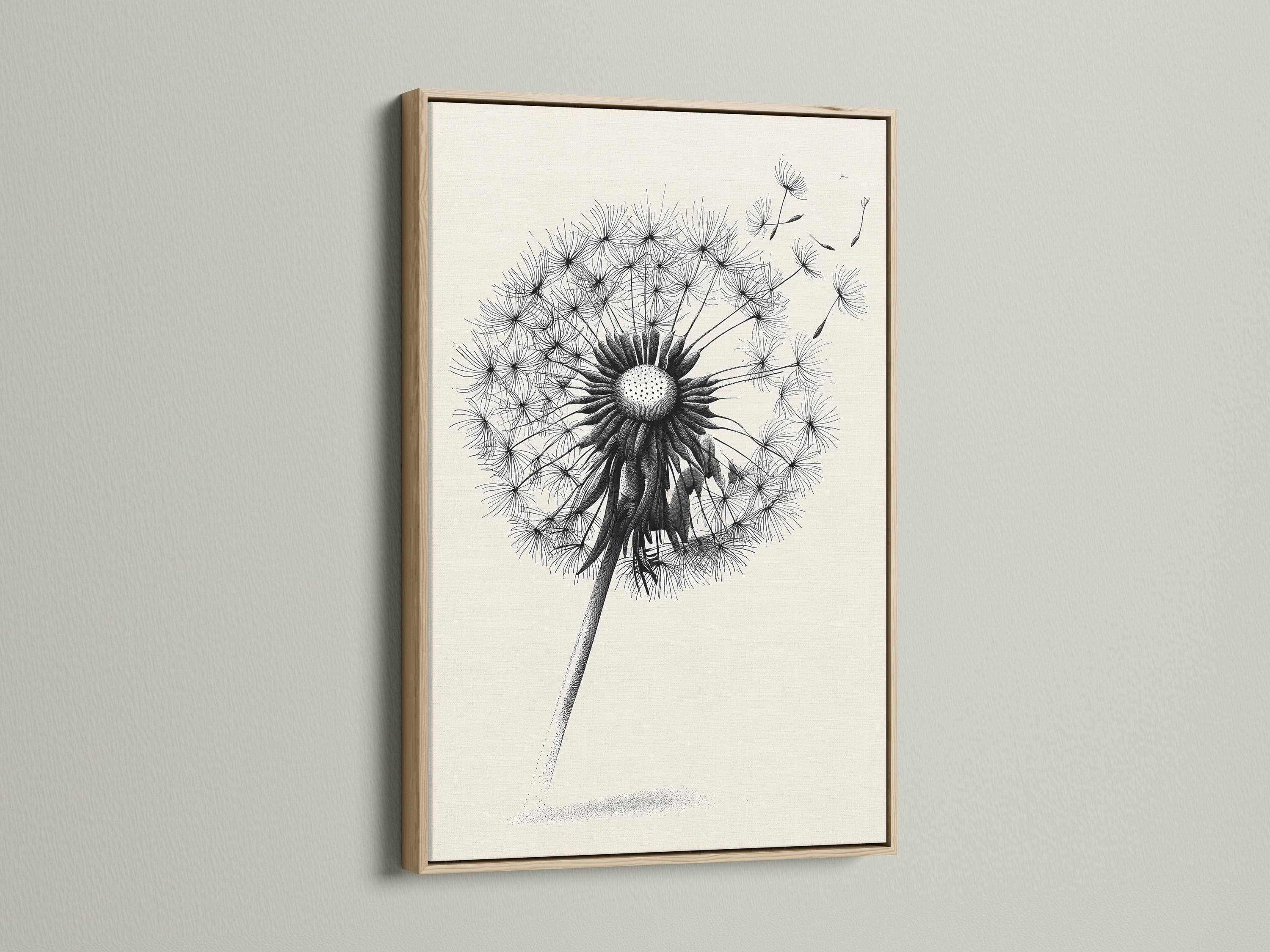 Minimalist black and white dandelion line illustration on a light background detail view