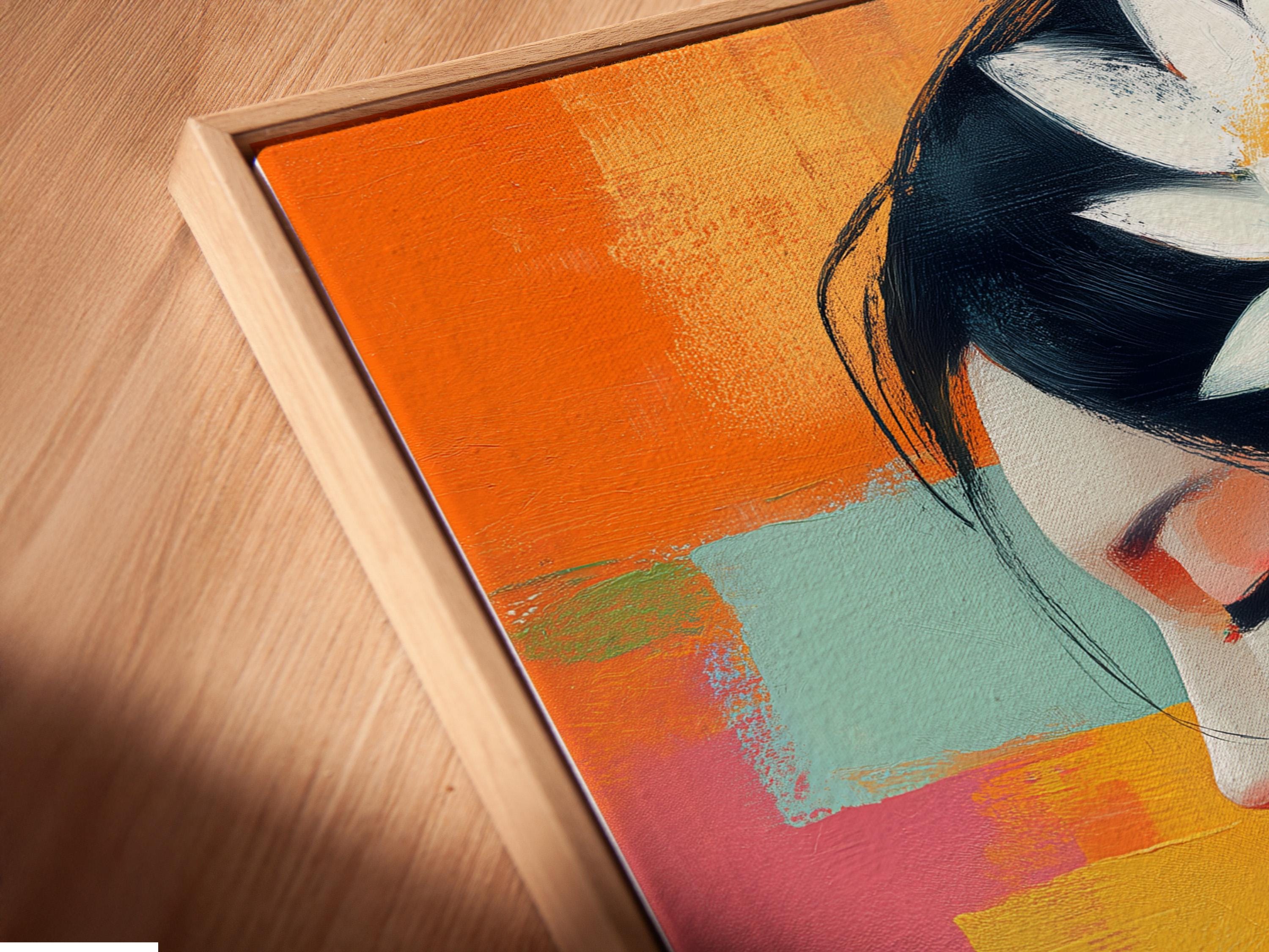 An abstract portrait of a woman in side profile appears alongside large lotus flowers, set against bright patchwork colours with bold painterly brush