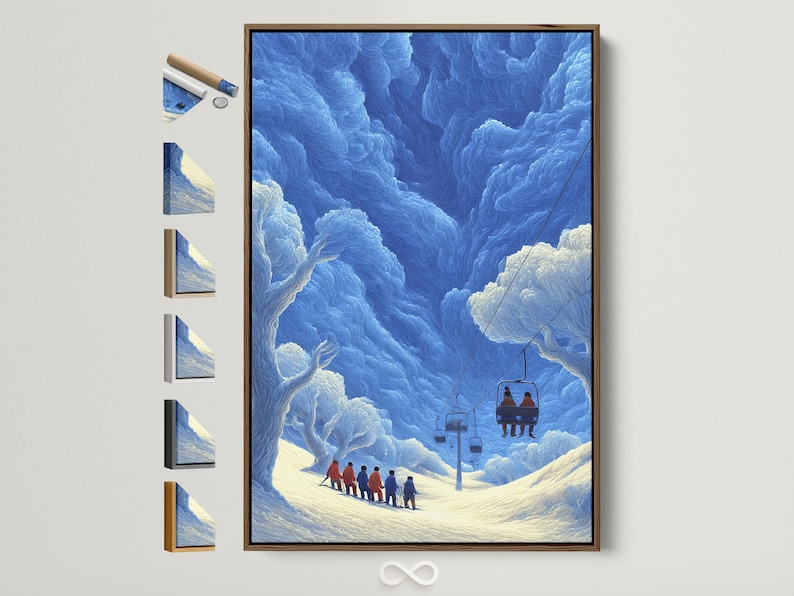 Blue winter ski resort scene with chairlift cabin and skiers in snowy mountains
