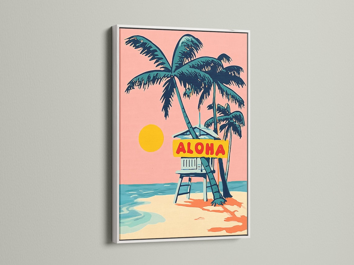 Retro tropical beach artwork with a palm tree, deck chair, ocean waves and ALOHA sign detail view