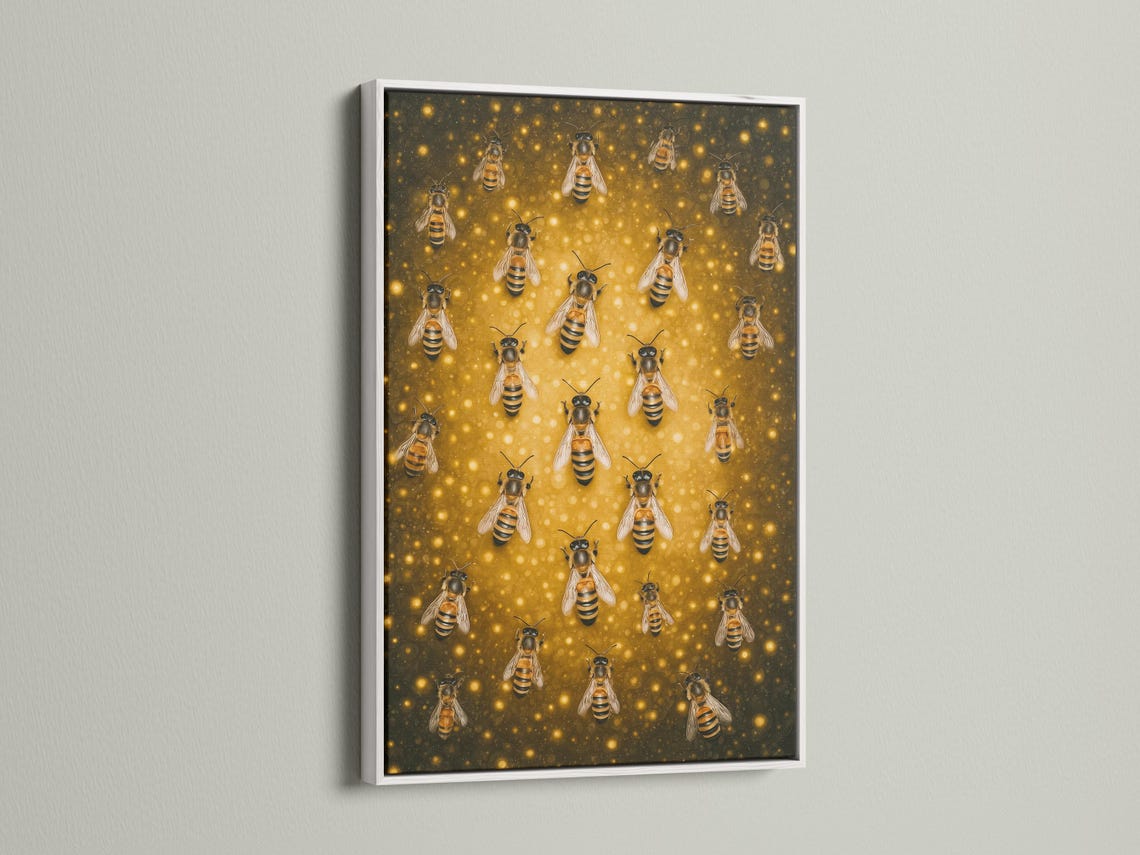 Illustrated bees with black and yellow stripes on a warm golden honeycomb-like background detail view