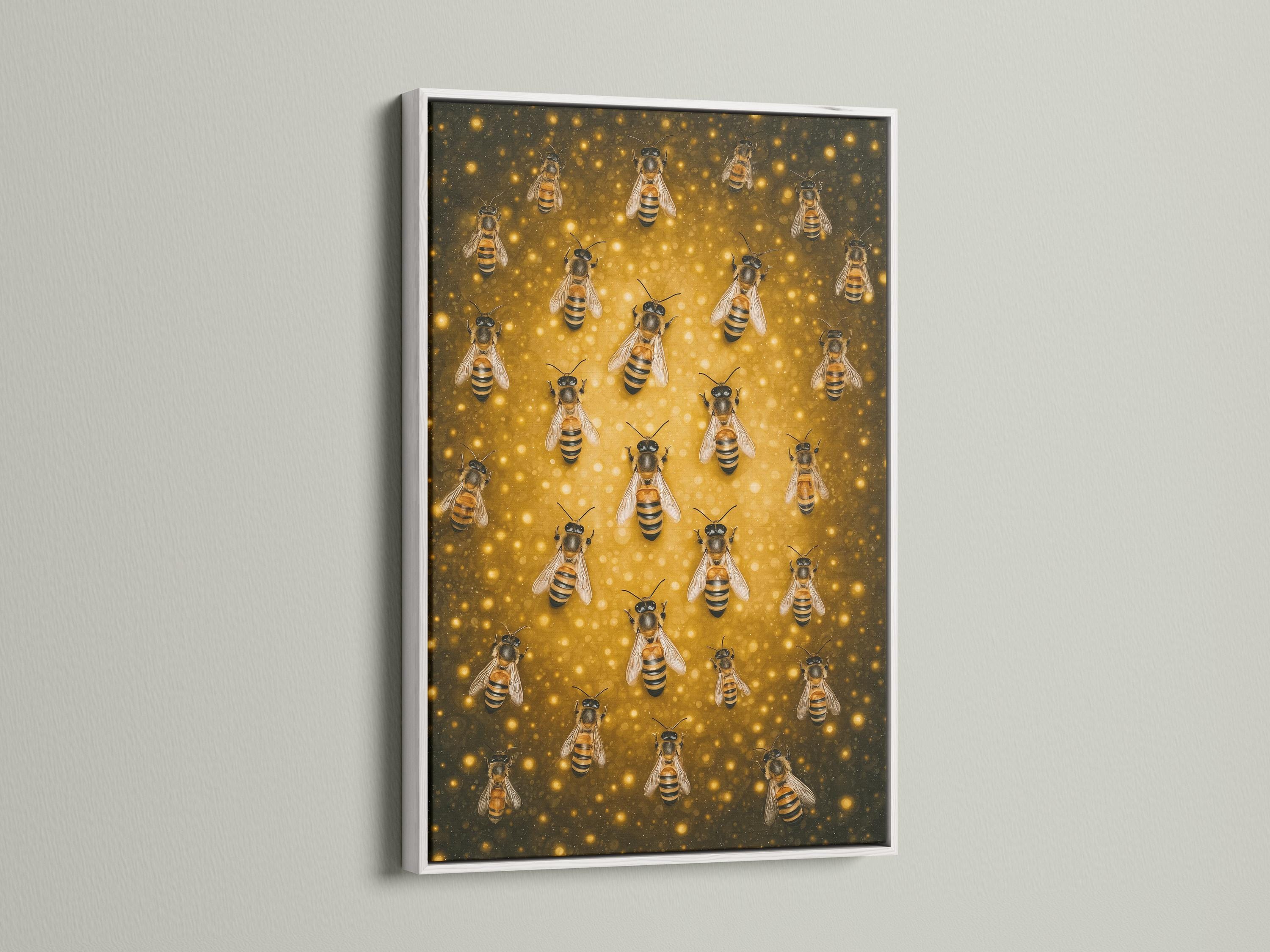 Illustrated bees with black and yellow stripes on a warm golden honeycomb-like background detail view
