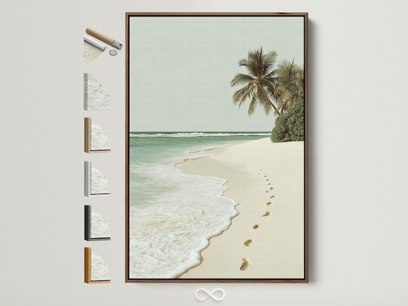 Palm beach seascape with turquoise ocean, sandy shore and footprints leading along the beach