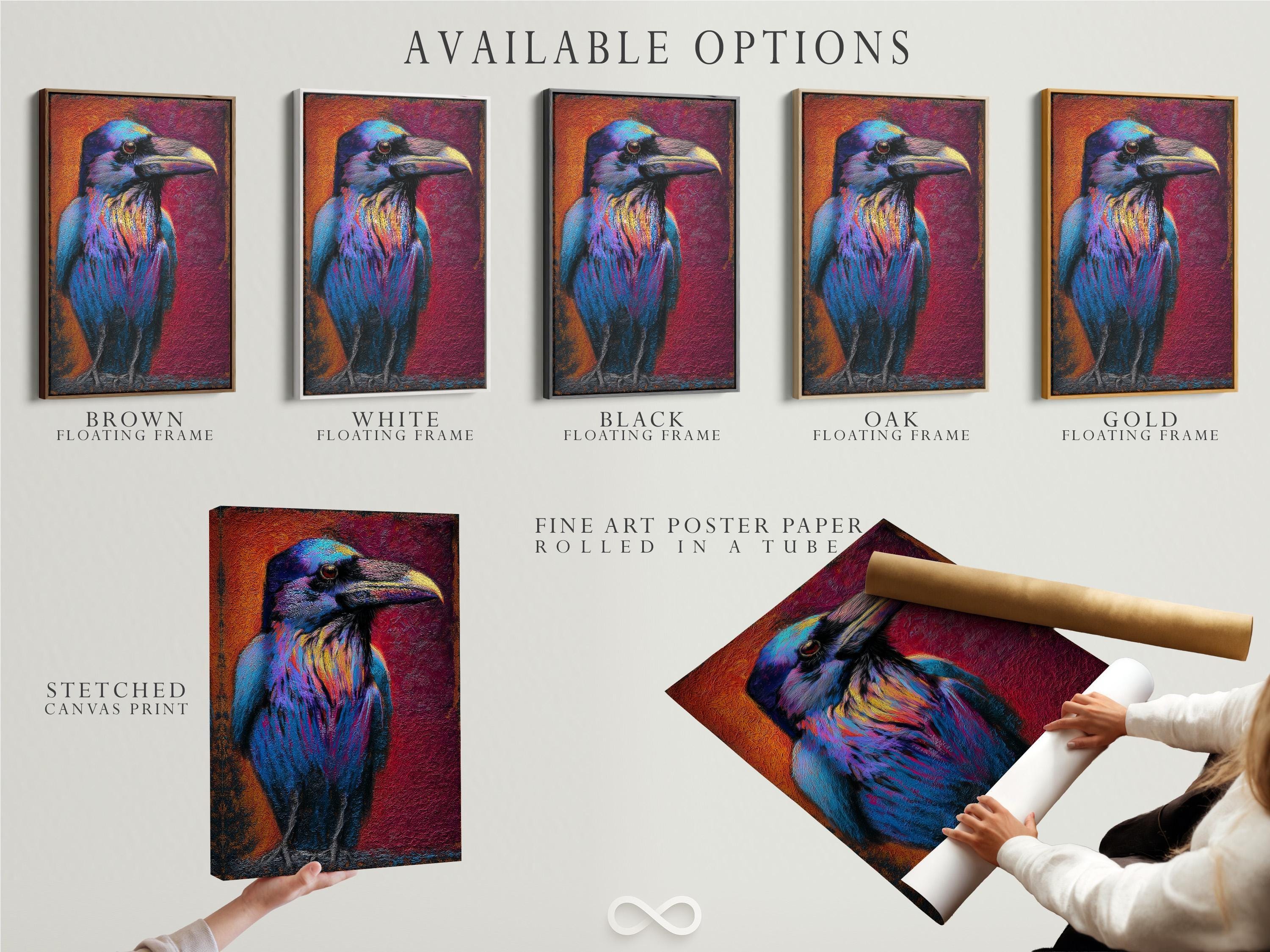 A raven portrait artwork displayed in a barbershop setting