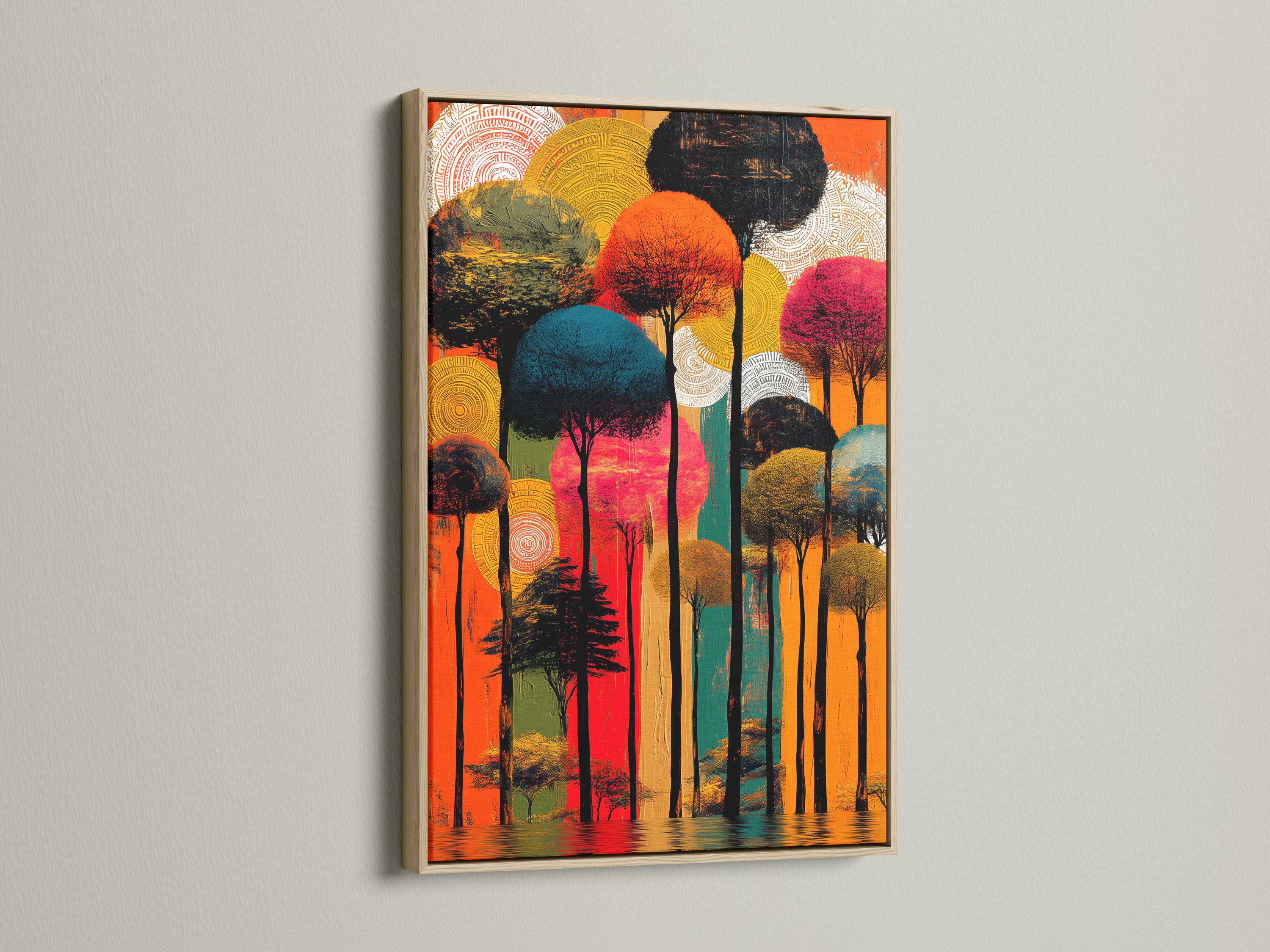 Wall mockup featuring an abstract forest artwork with orange and teal tones and circular line patterns