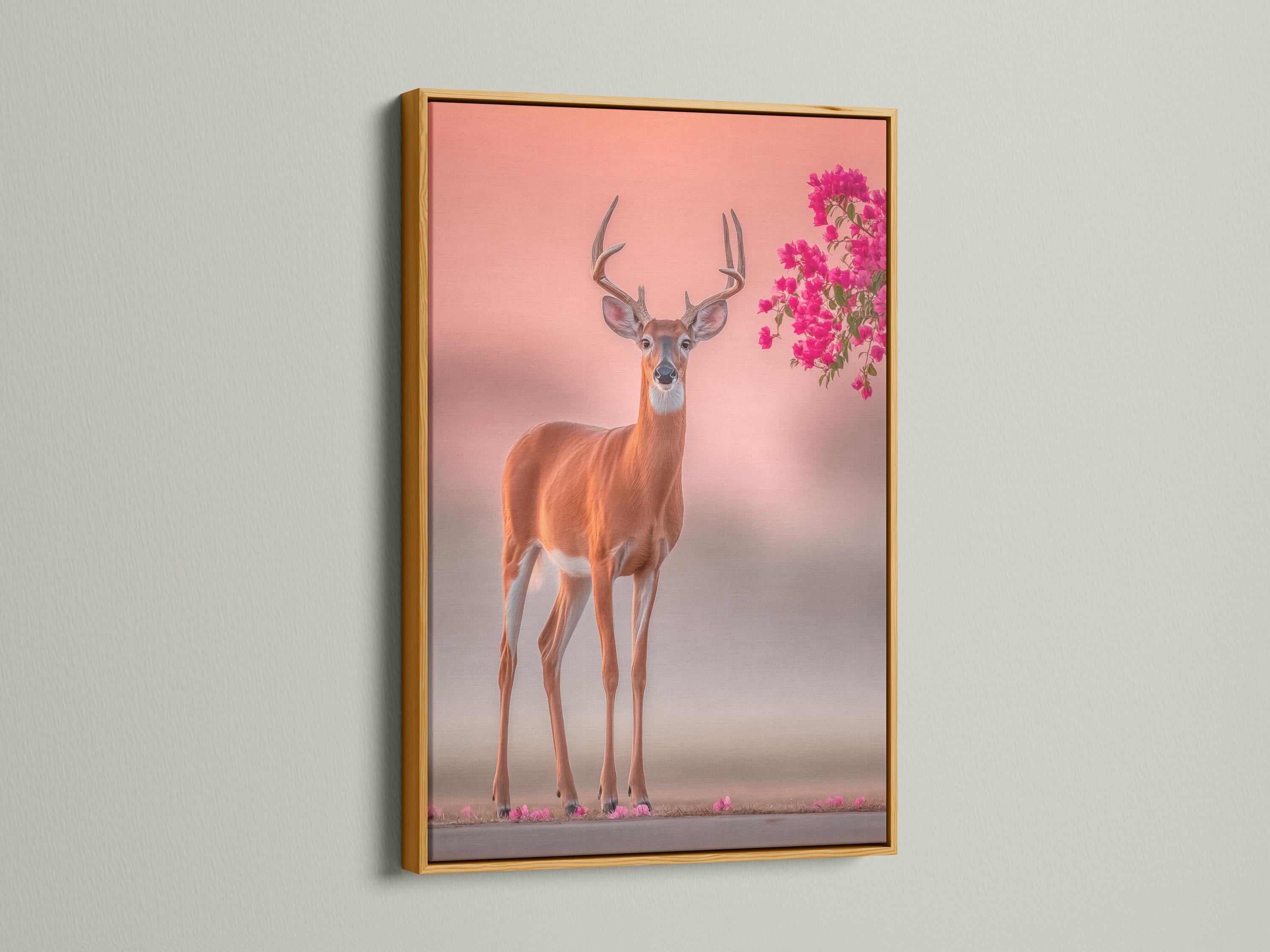 Deer portrait with tall antlers against a blush pink background and pink blossoms detail view