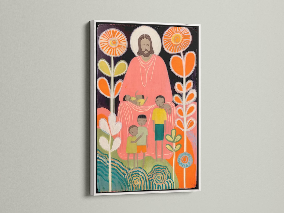 Folk art religious illustration of a haloed bearded figure with children, surrounded by glowing circles and flower stems detail view