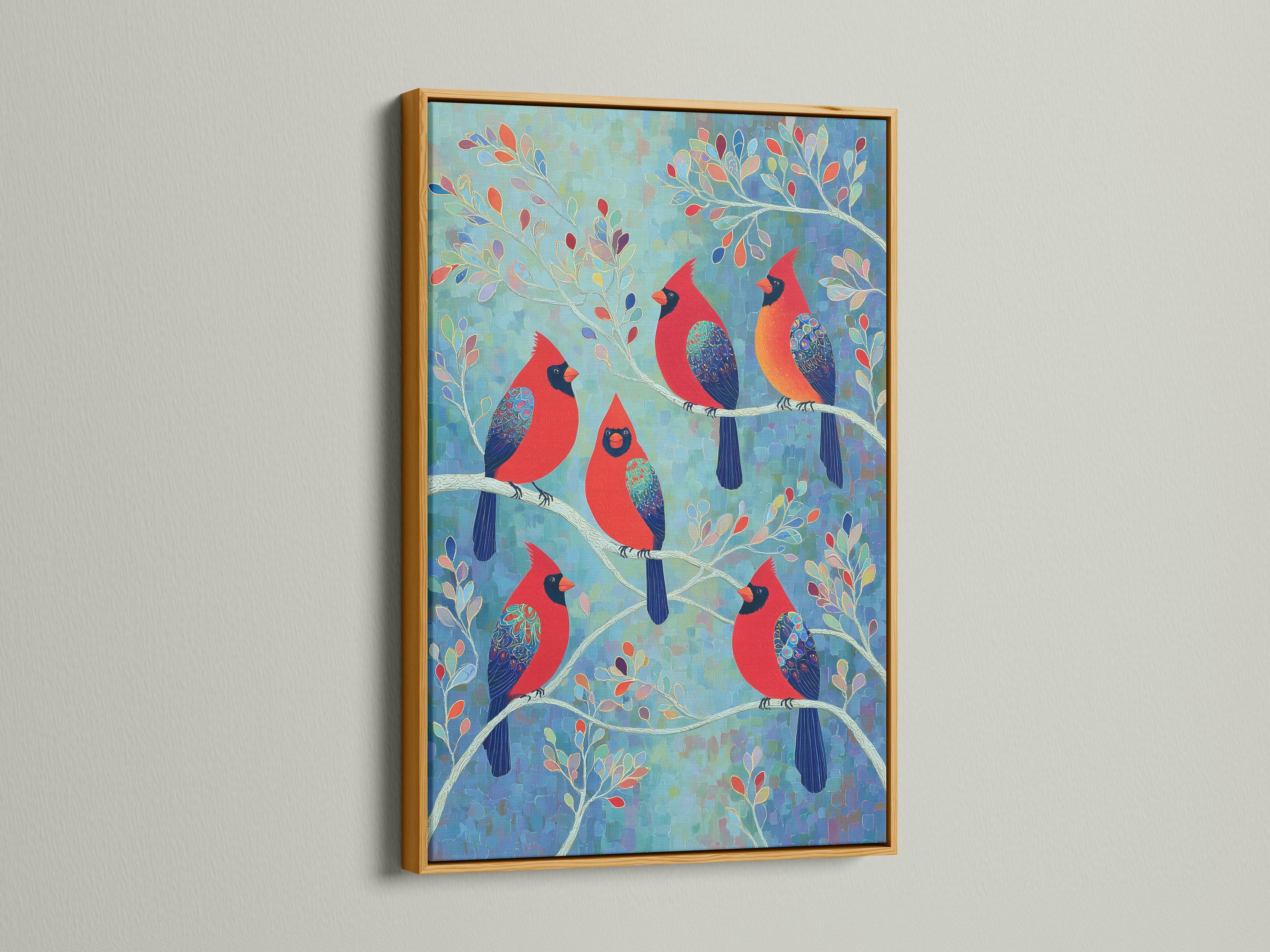 Portrait wildlife artwork with red cardinals perched on branches against a teal blue background detail view