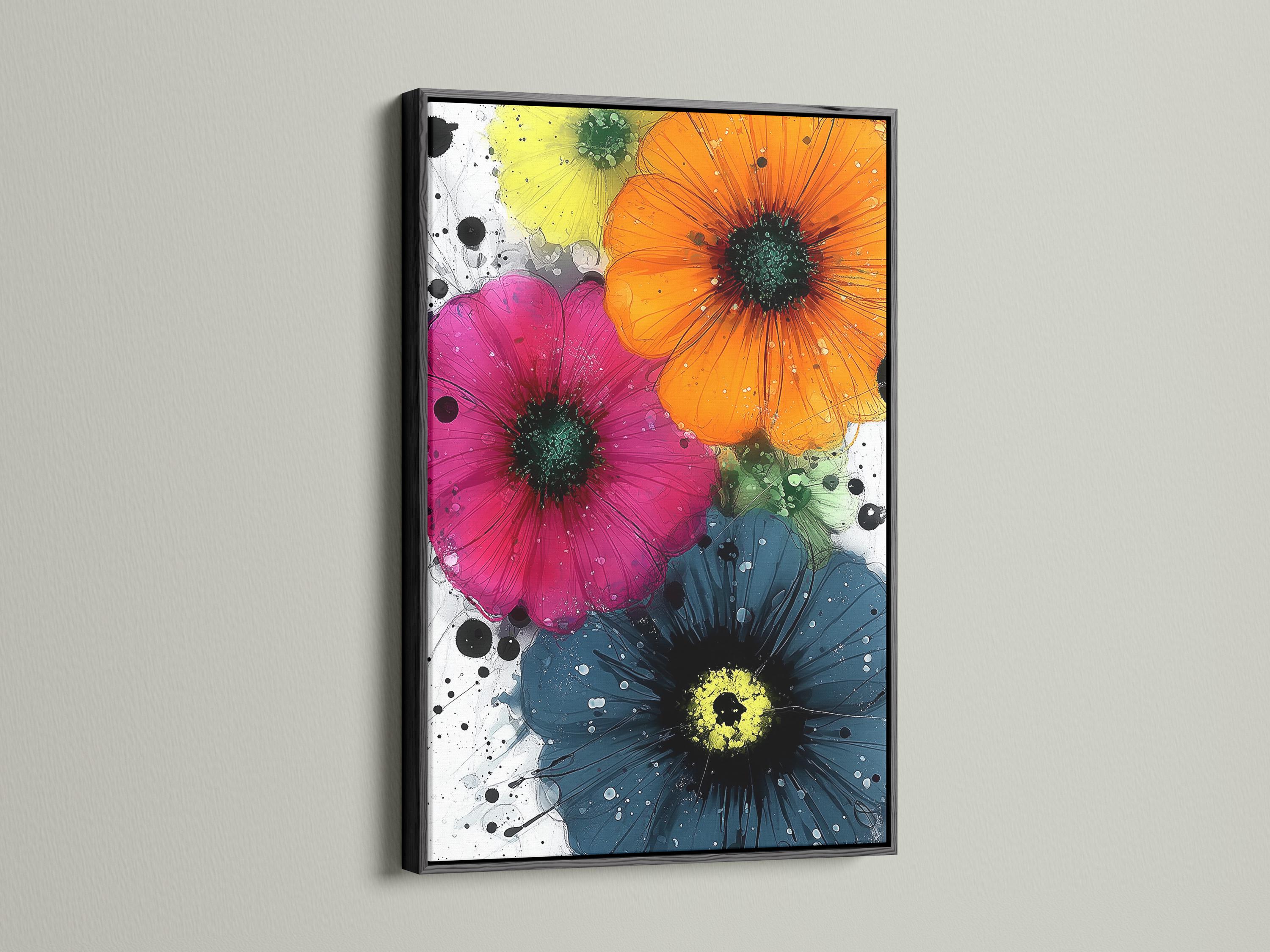 A vibrant, painterly floral composition shows three large stylised flowers with dark centres over white splatter-like backgrounds in pink, orange