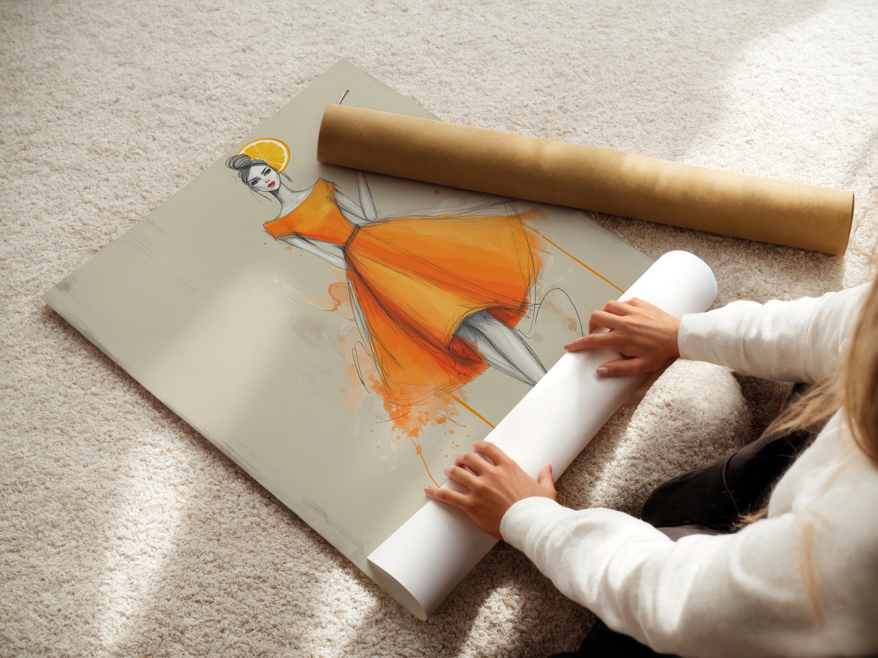 Stylised woman in an orange dress holding a drink with an orange slice against a pale background detail view