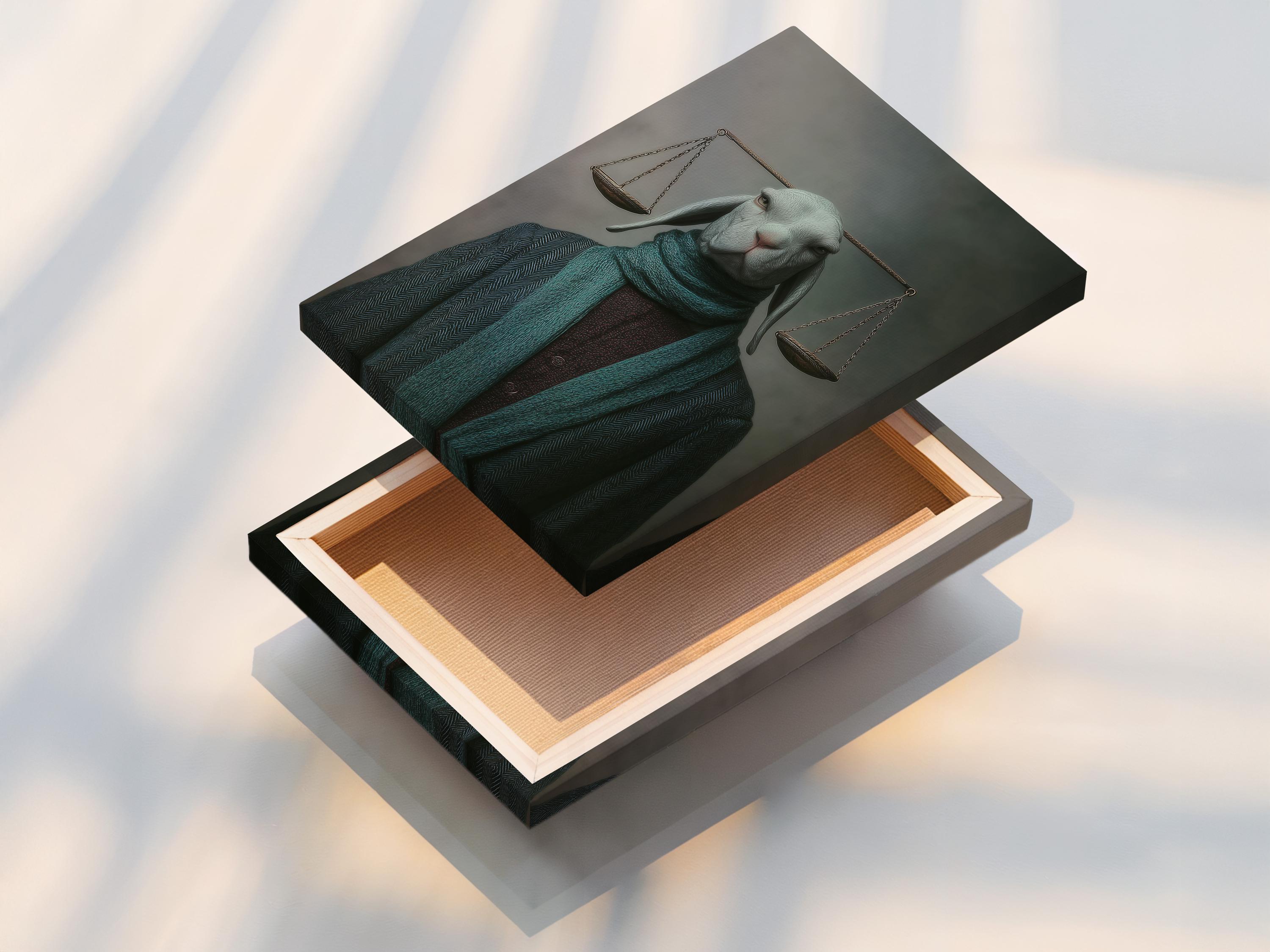 Room mockup showing a framed hare portrait artwork with hanging scales