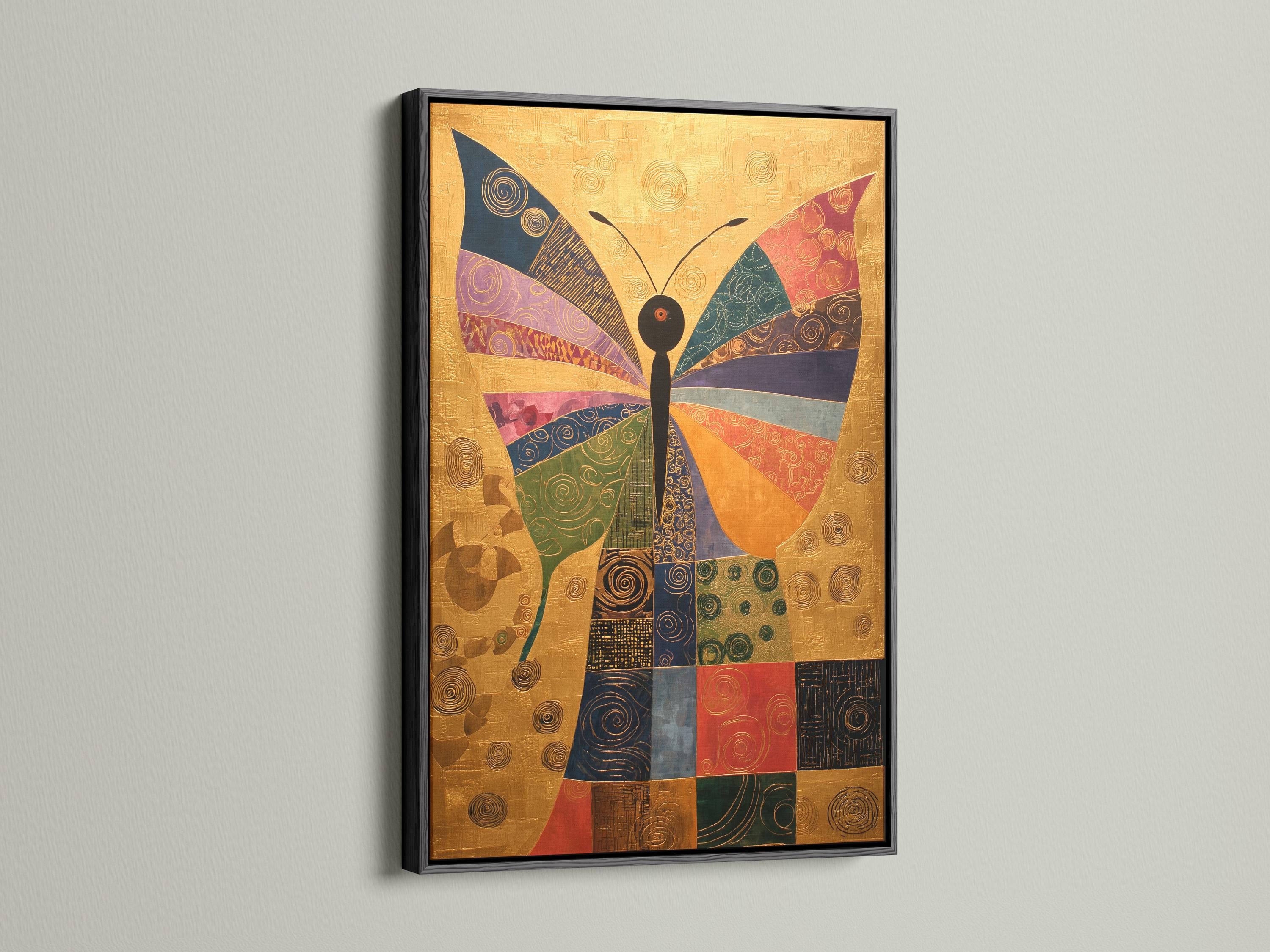 Geometric butterfly artwork with gold background and multicolour swirl-patterned wings detail view
