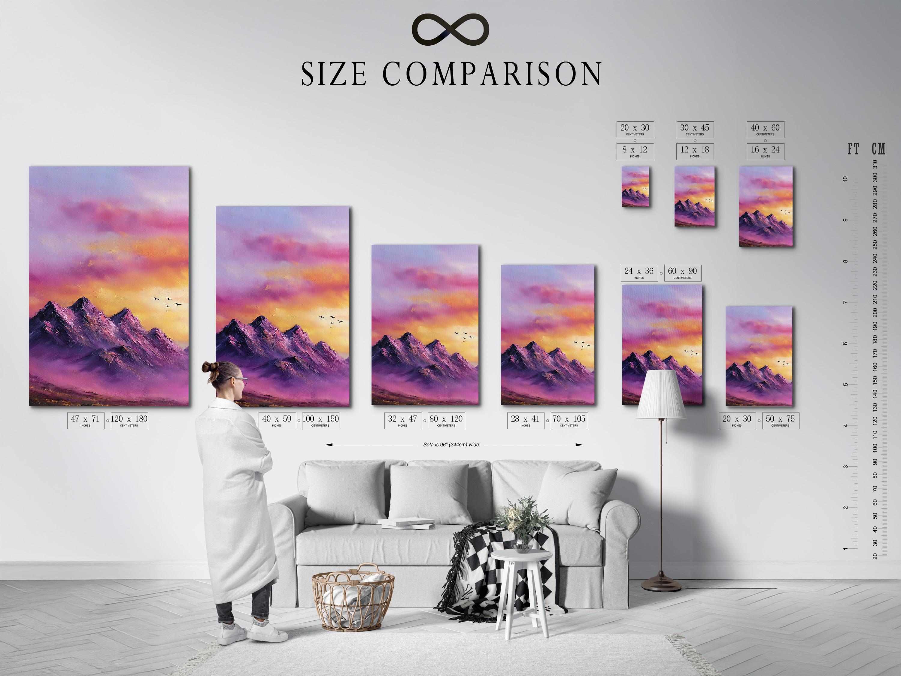Purple and pink mountain sunset landscape with small birds in flight detail view