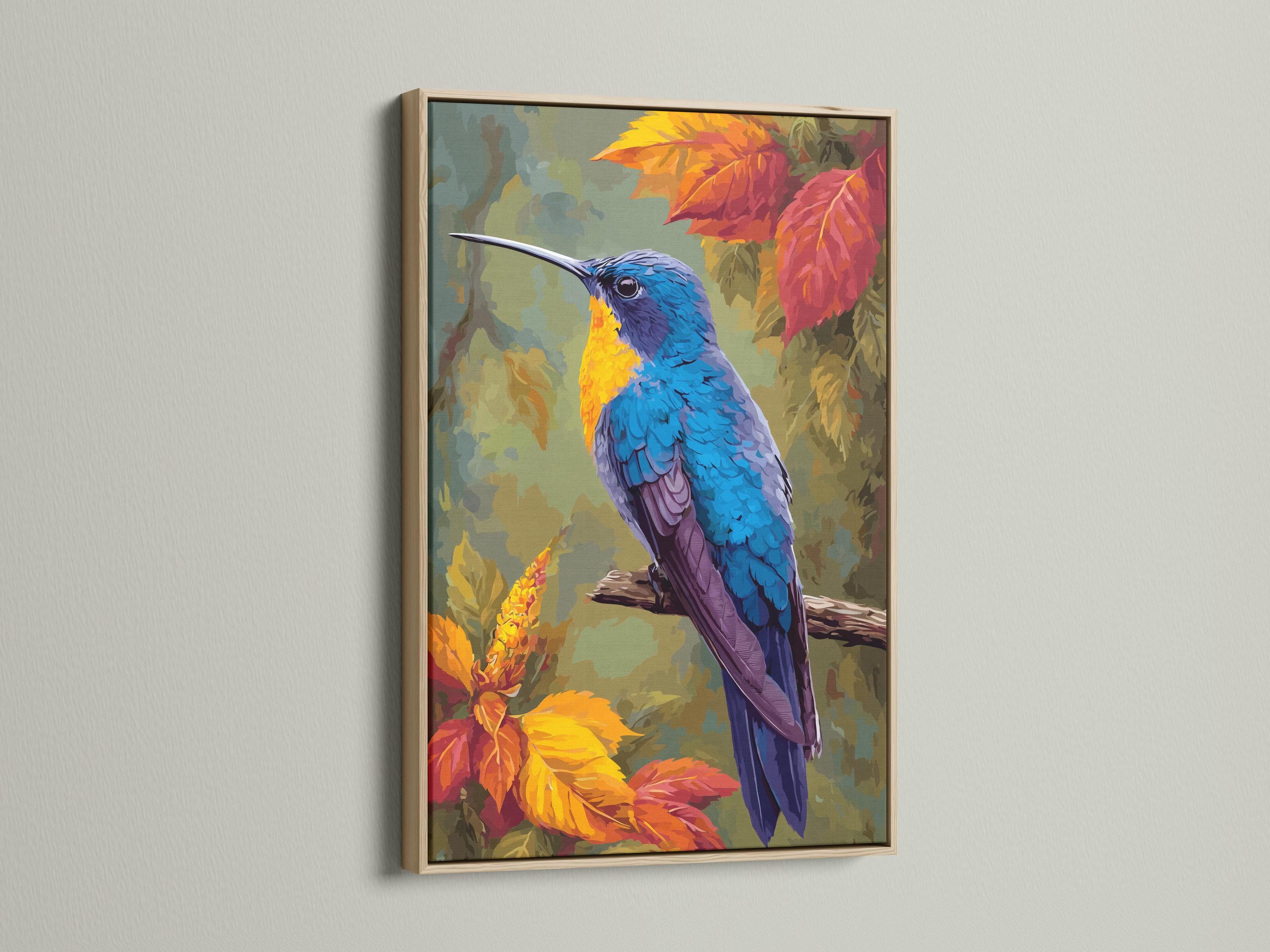 Illustrated hummingbird perched among autumn leaves in vivid blue, purple, gold and orange detail view