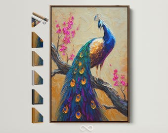 Vibrant Peacock Oil Painting - Colorful Bird Art, Floral Branch Canvas Wall Decor, Nature Inspired Home Art, Living Room Artwork