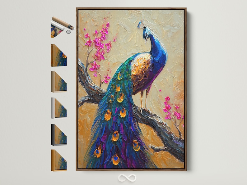 Vibrant peacock with jewel-toned blue feathers beside pink cherry blossom branches on a cream textured background