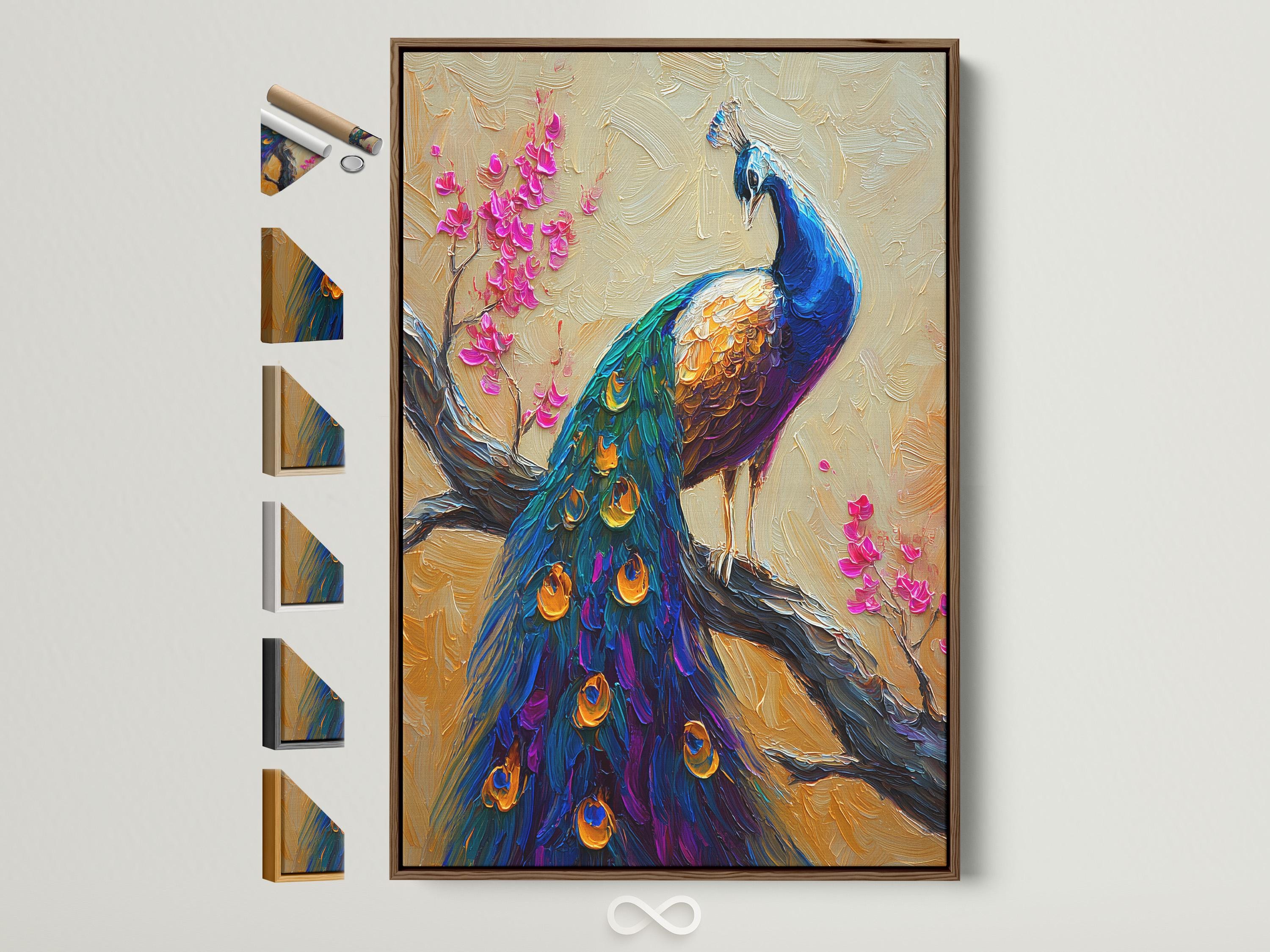 Vibrant peacock with jewel-toned blue feathers beside pink cherry blossom branches on a cream textured background