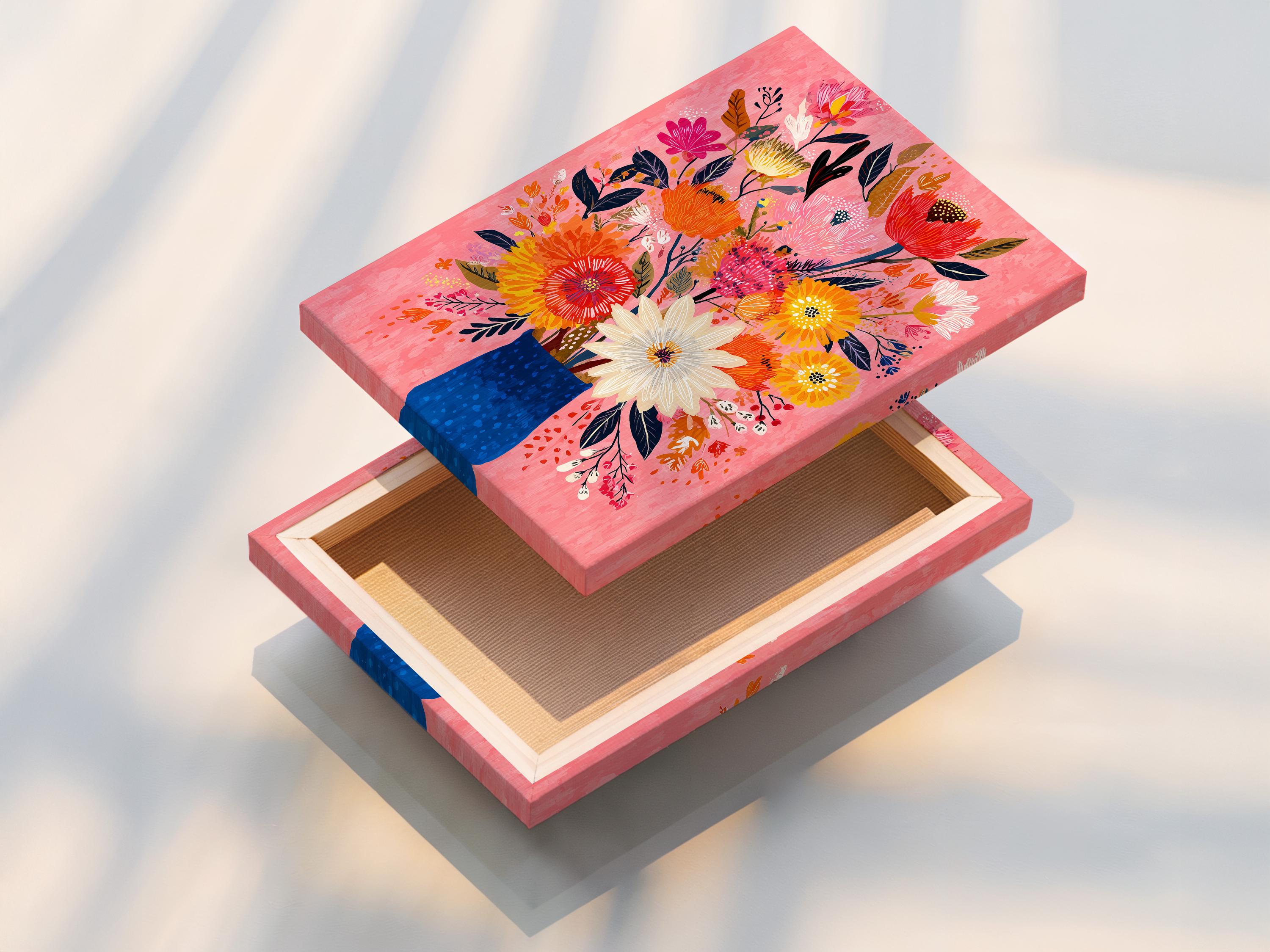 Room mockup showing a framed floral bouquet artwork on a wall