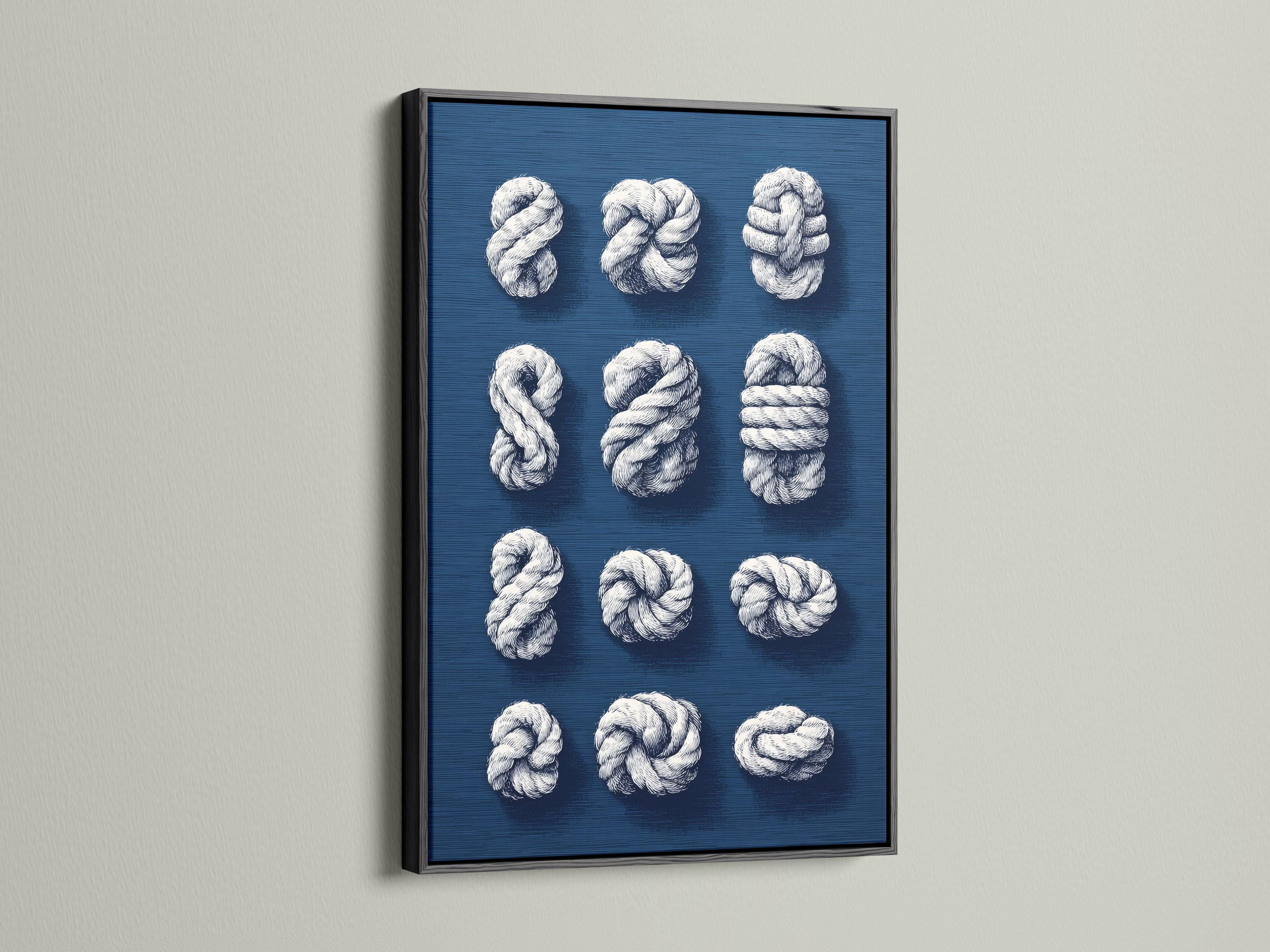Nine white rope knots arranged on a navy blue background detail view