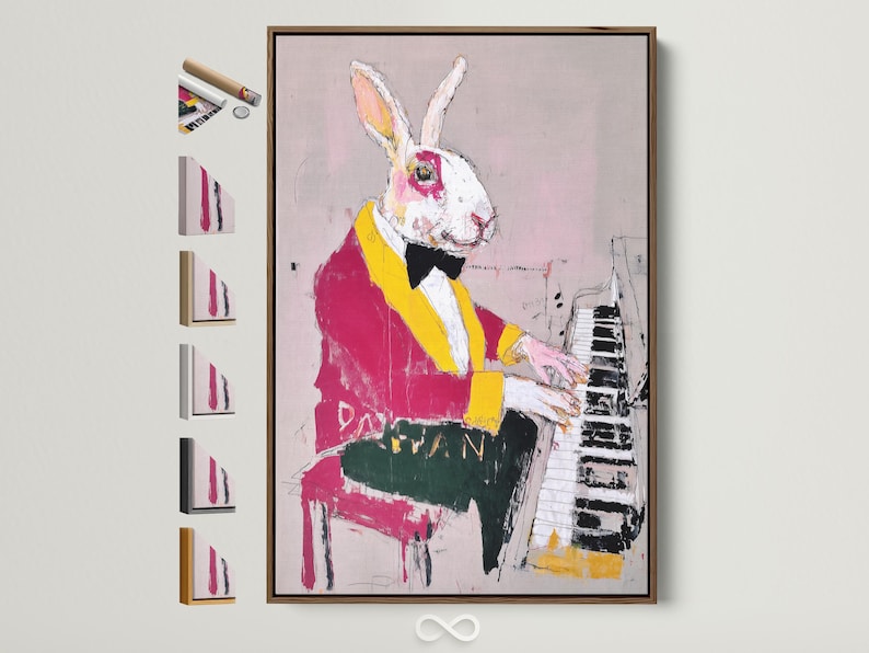 Rabbit playing piano with magenta and yellow jacket on a blush pink background