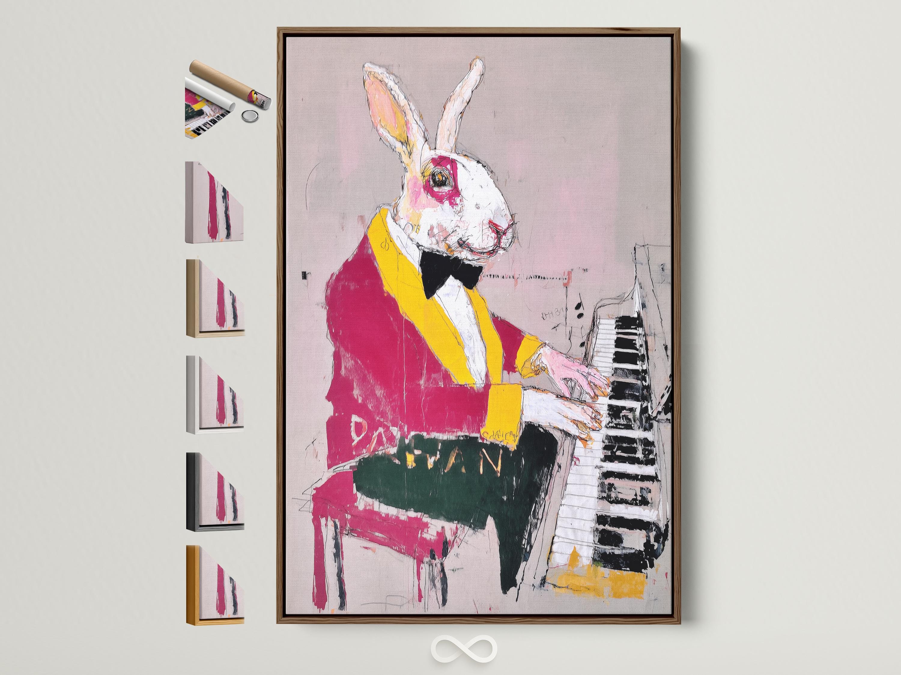 Rabbit playing piano with magenta and yellow jacket on a blush pink background