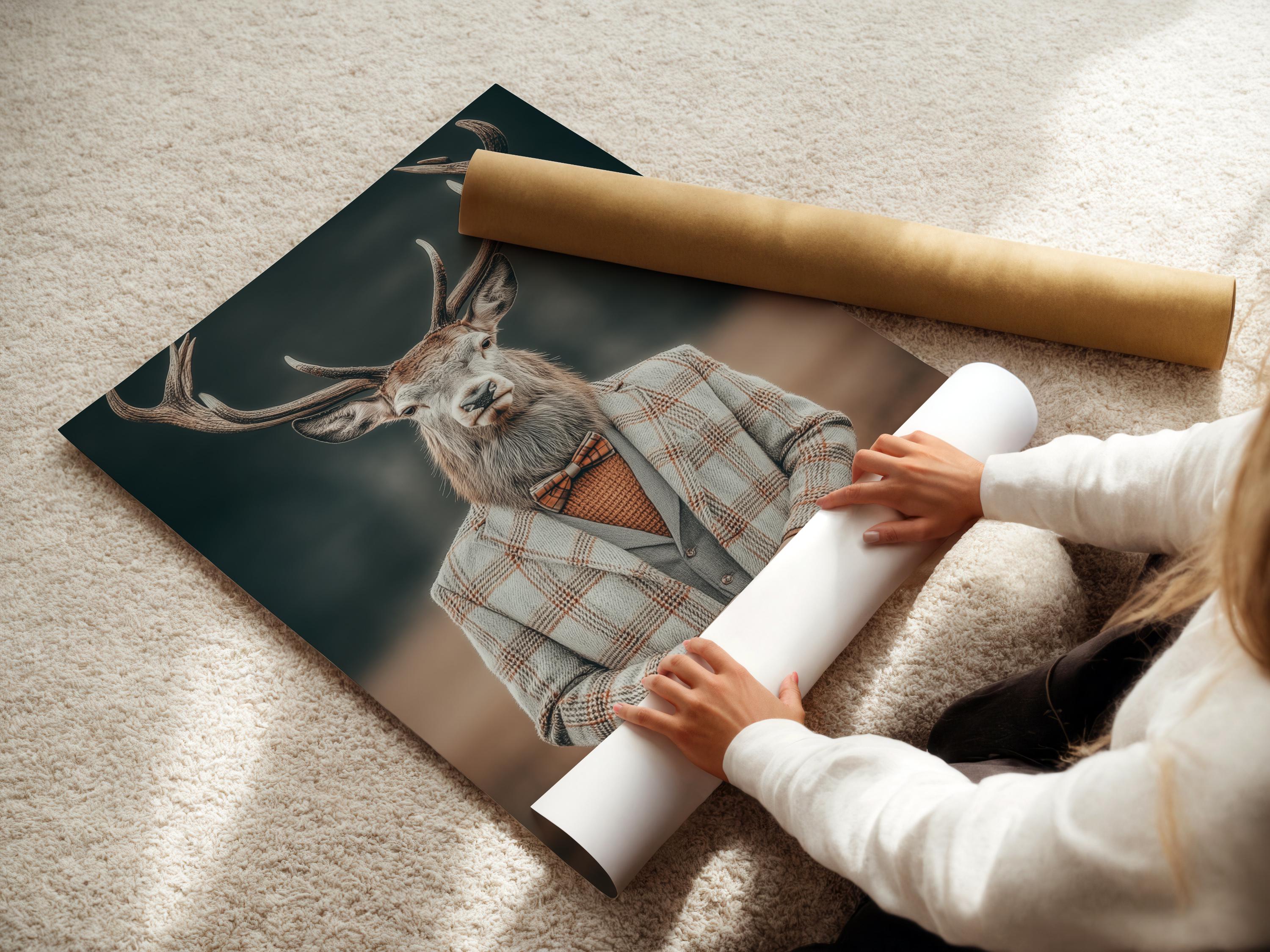 Gentleman deer portrait with antlers wearing a grey plaid suit, bow tie and holding a cup detail view